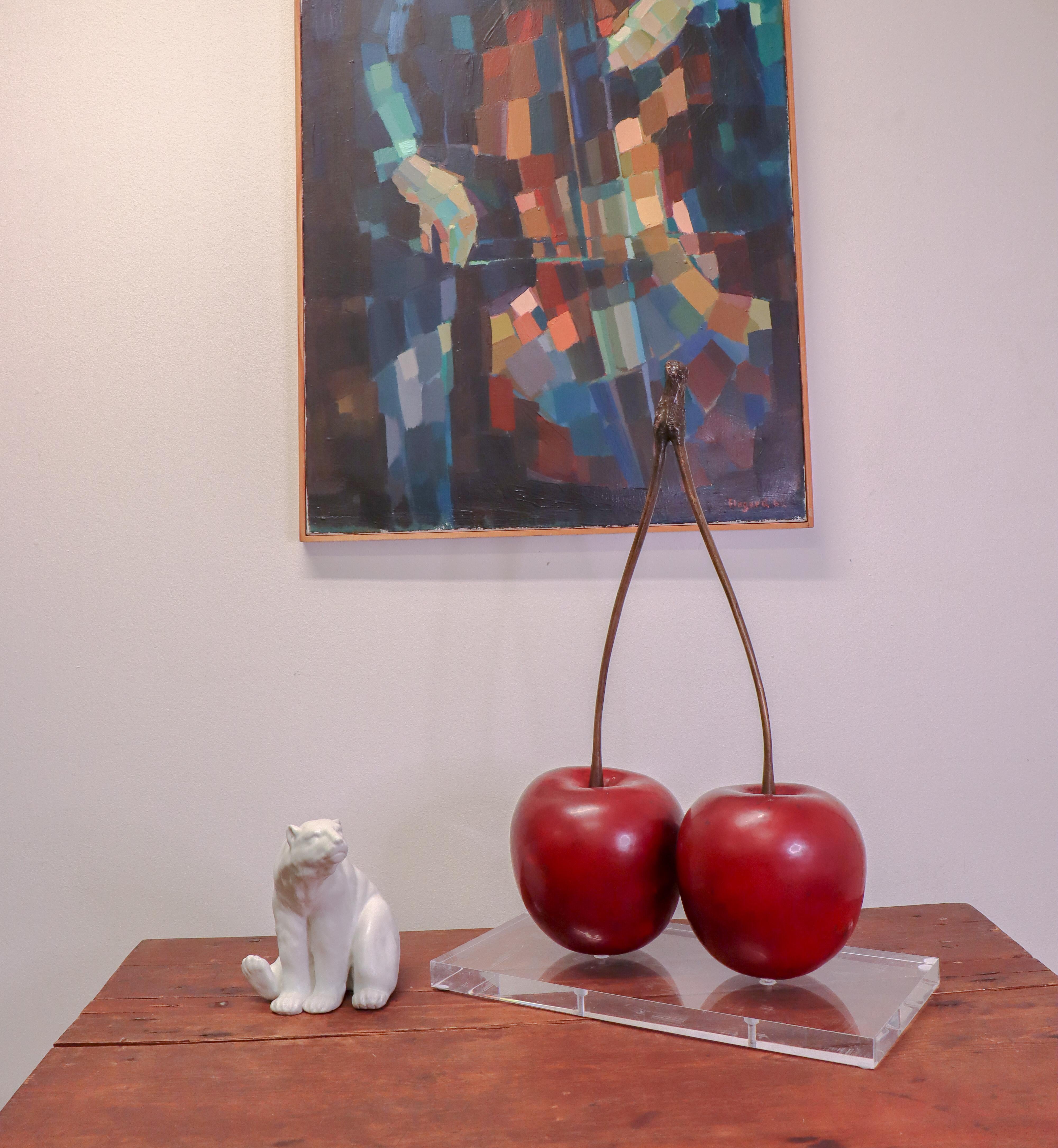Scandinavian Modern A pair of Red Cherries Ceramic & Bronze Sculpture by Hans Hedberg, Biot, France
