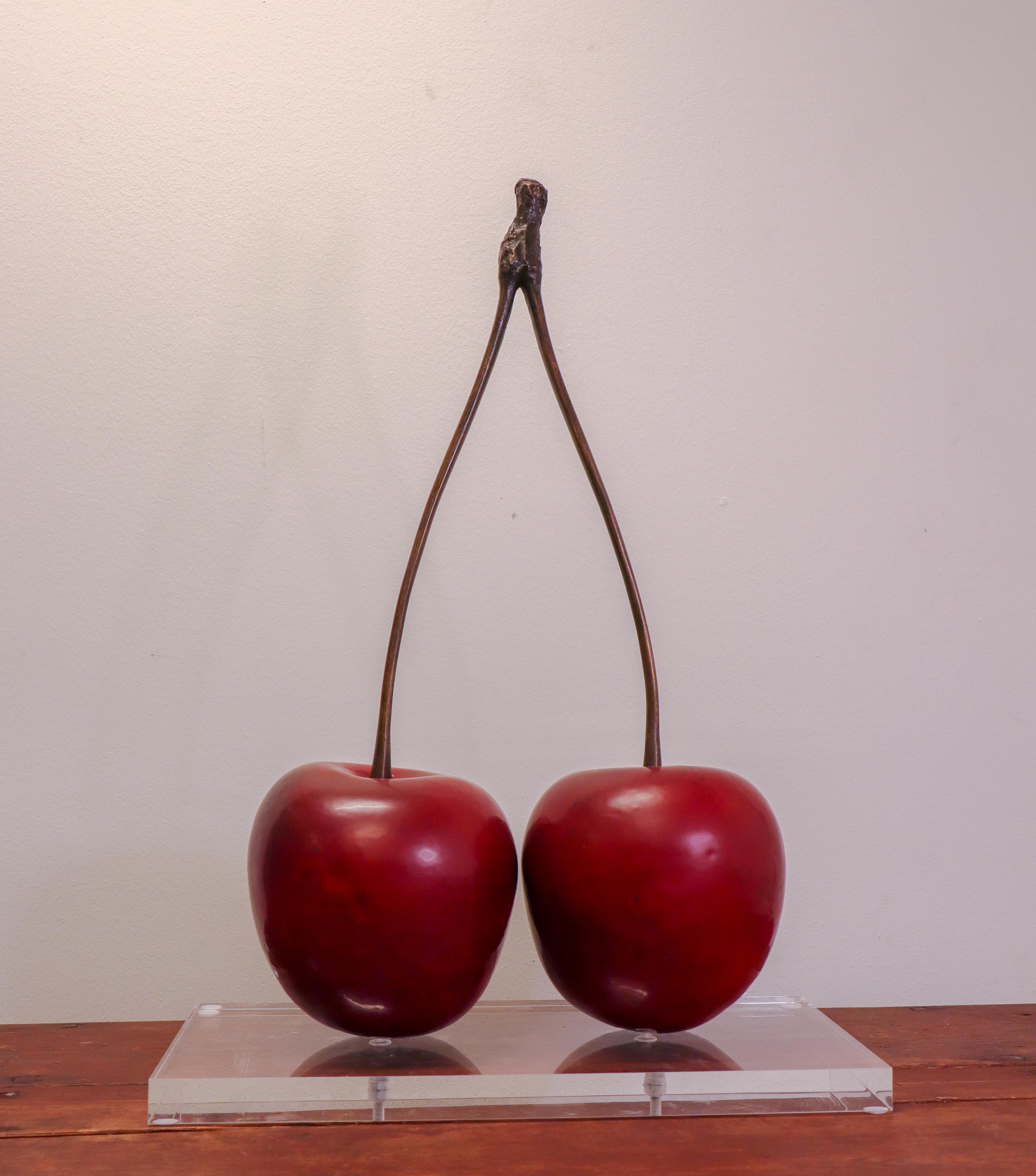 French A pair of Red Cherries Ceramic & Bronze Sculpture by Hans Hedberg, Biot, France