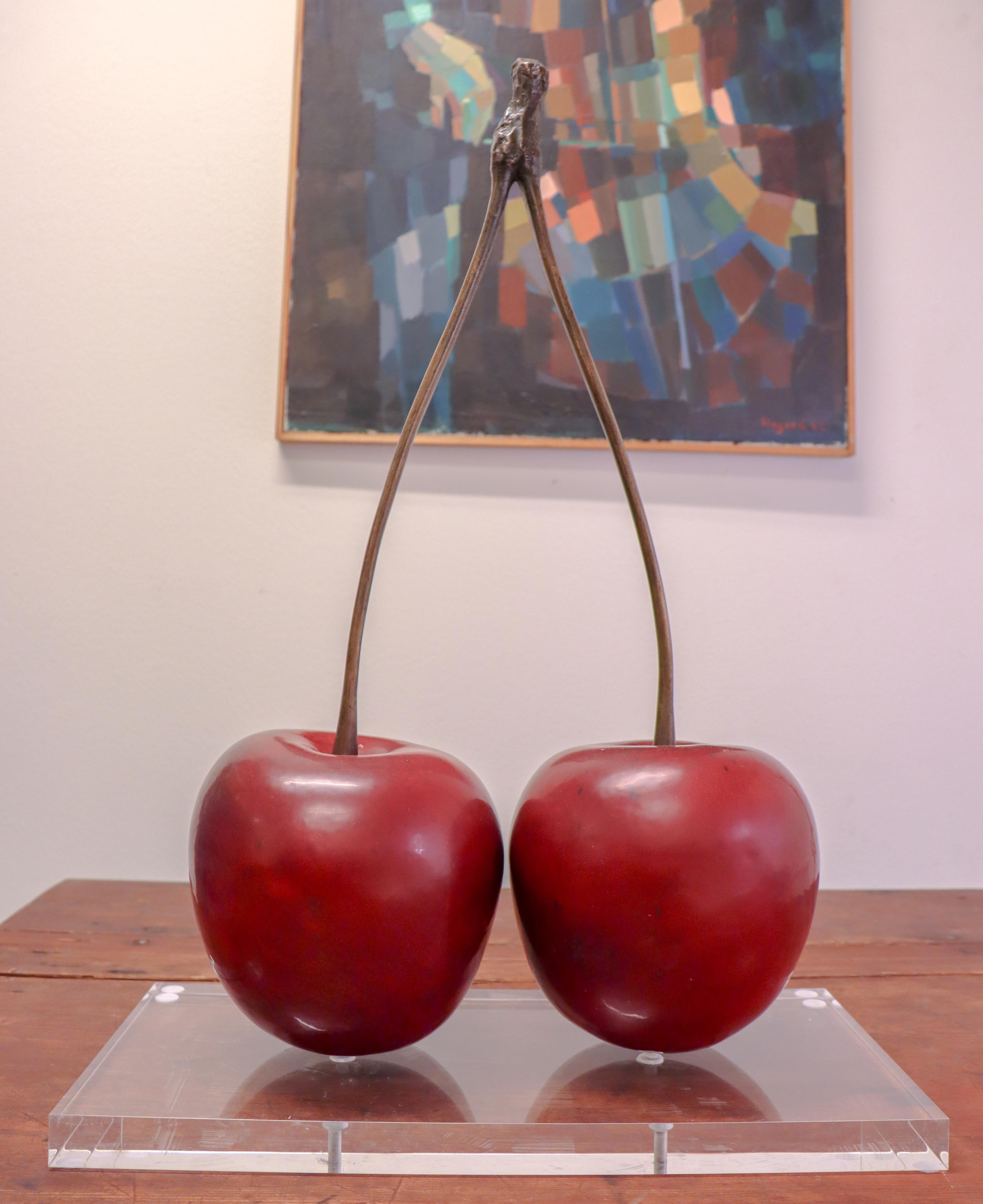 Glazed A pair of Red Cherries Ceramic & Bronze Sculpture by Hans Hedberg, Biot, France