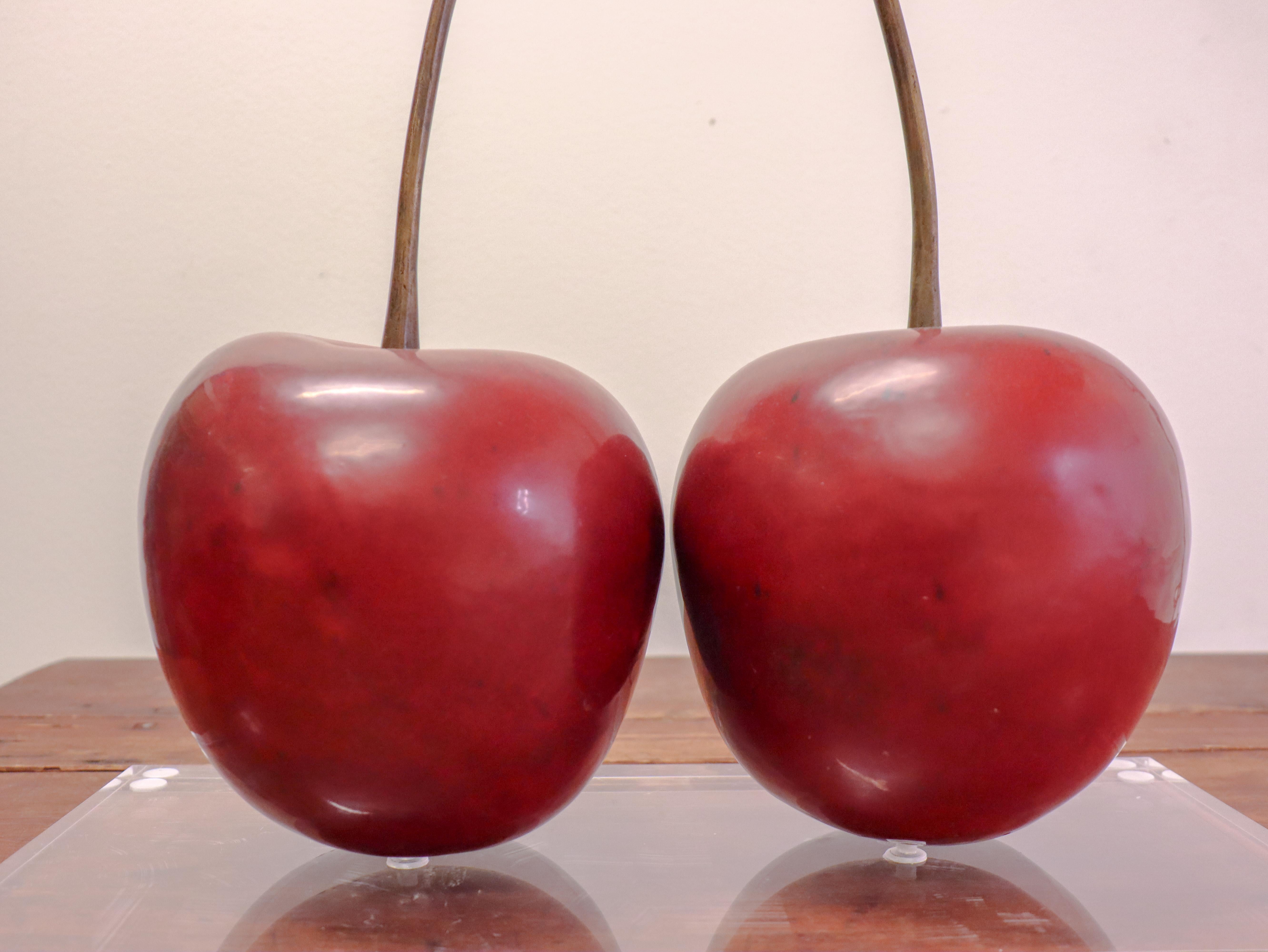 A pair of Red Cherries Ceramic & Bronze Sculpture by Hans Hedberg, Biot, France In Excellent Condition In Stockholm, SE