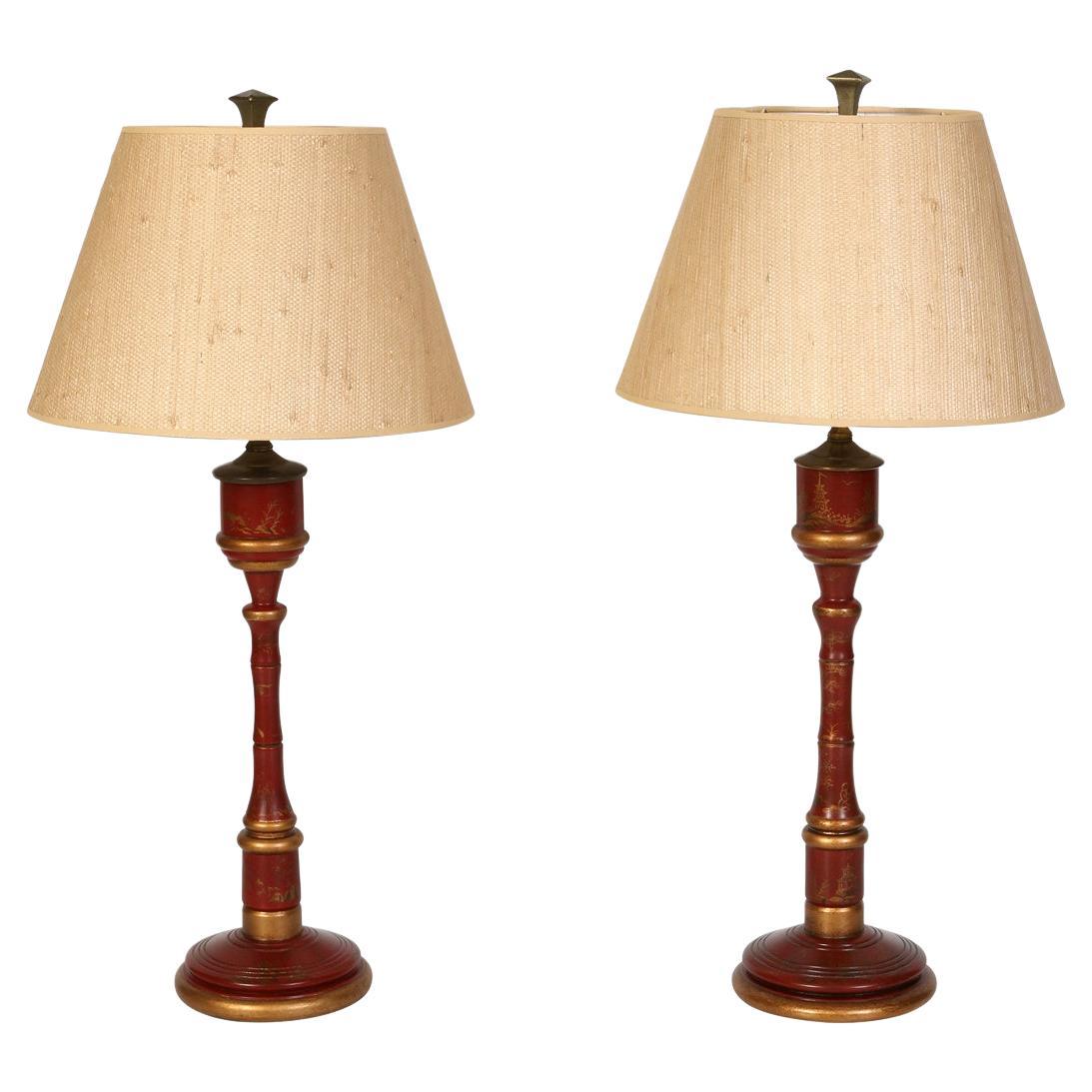A Pair of Red Chinoiserie Decorated Lamps
