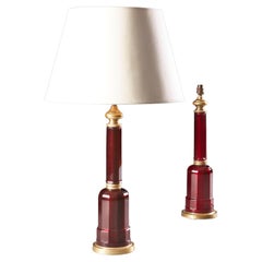 Antique Pair of Red Glass Column Lamps