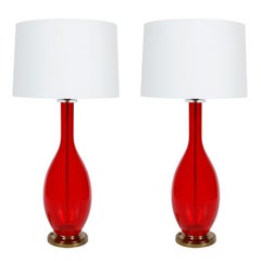 Pair of Red Glass Vintage Lamps with Brass Base