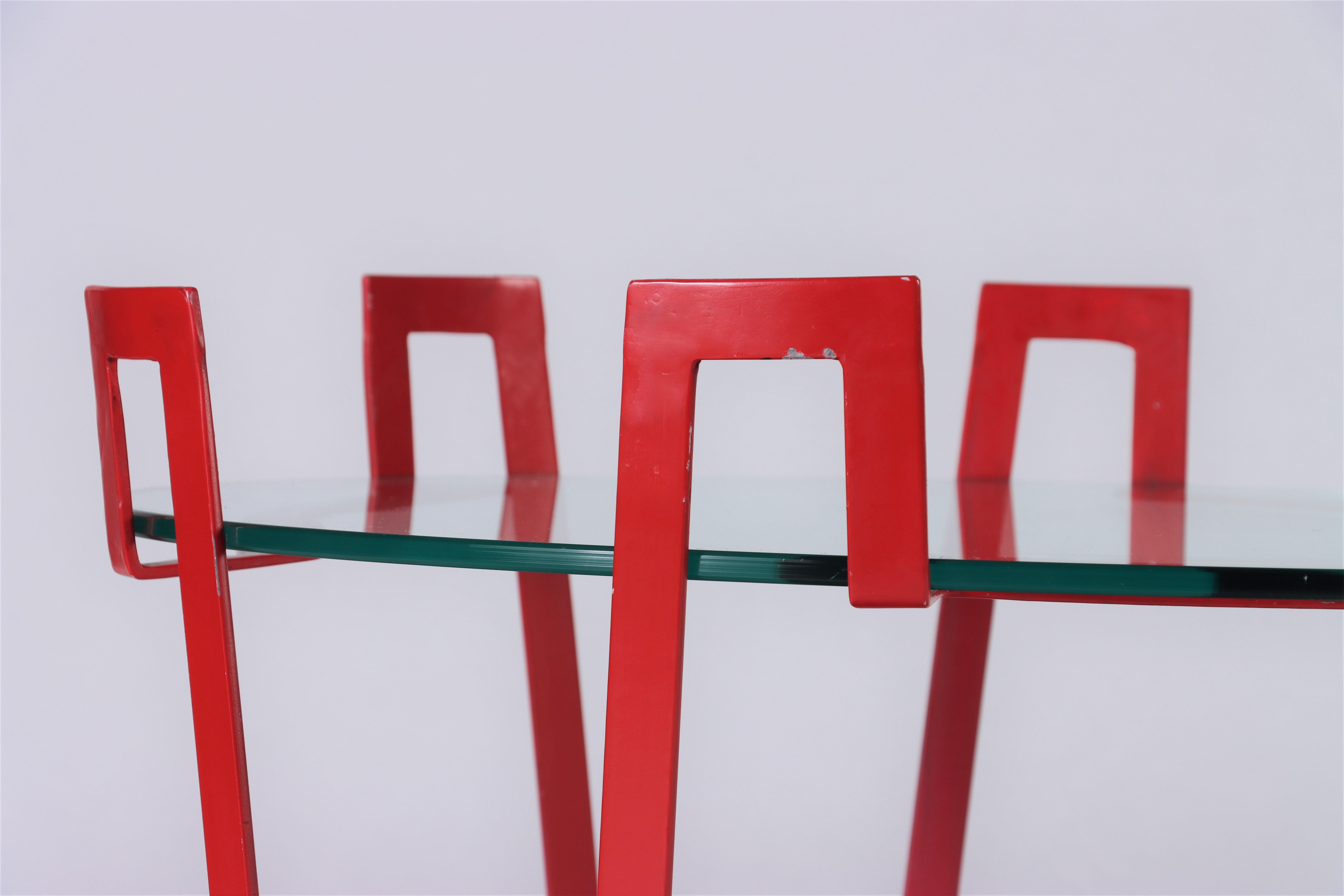 Pair of Red Iron and Glass End Tables, Circa 1990 1