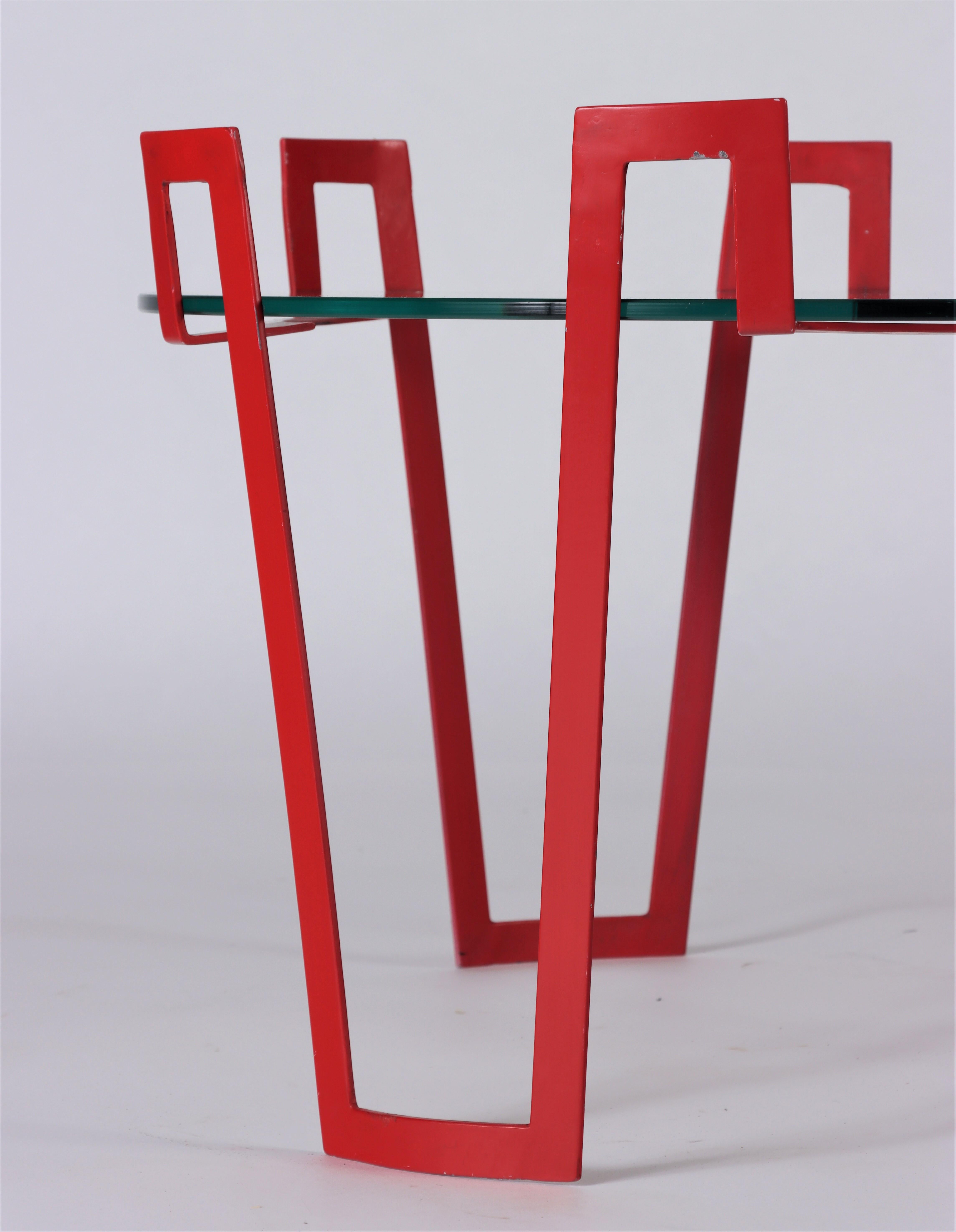 Pair of Red Iron and Glass End Tables, Circa 1990 2
