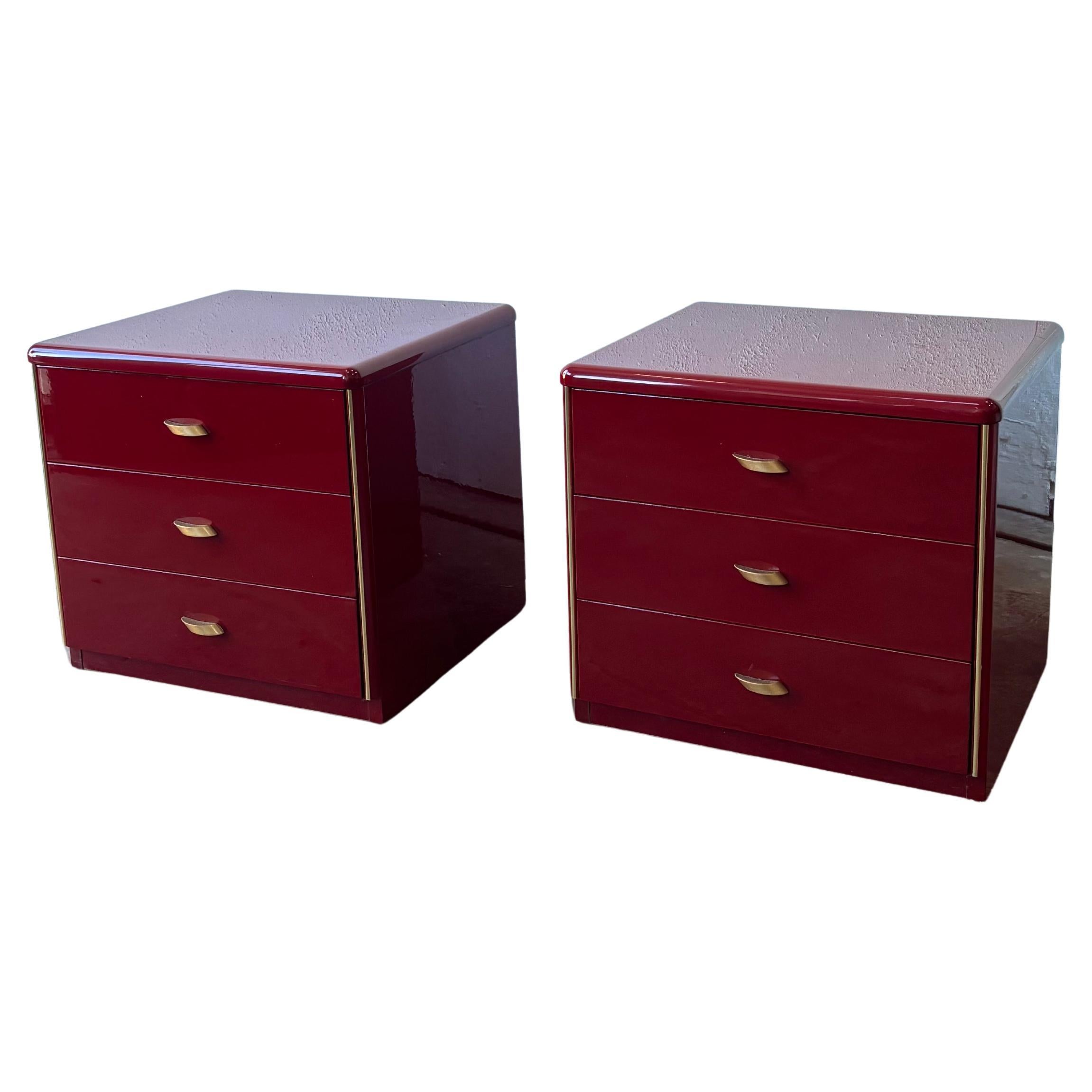 A pair of red lacquer 1970's side tables, bedside tables, French