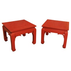 A Pair of Red Lacquered Chinese Style Square Low Sofa Tables 