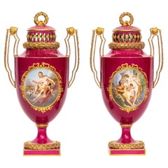 A Pair of Red Meissen Porcelain Potpourri Vases w 4 Mythological Painted scenes