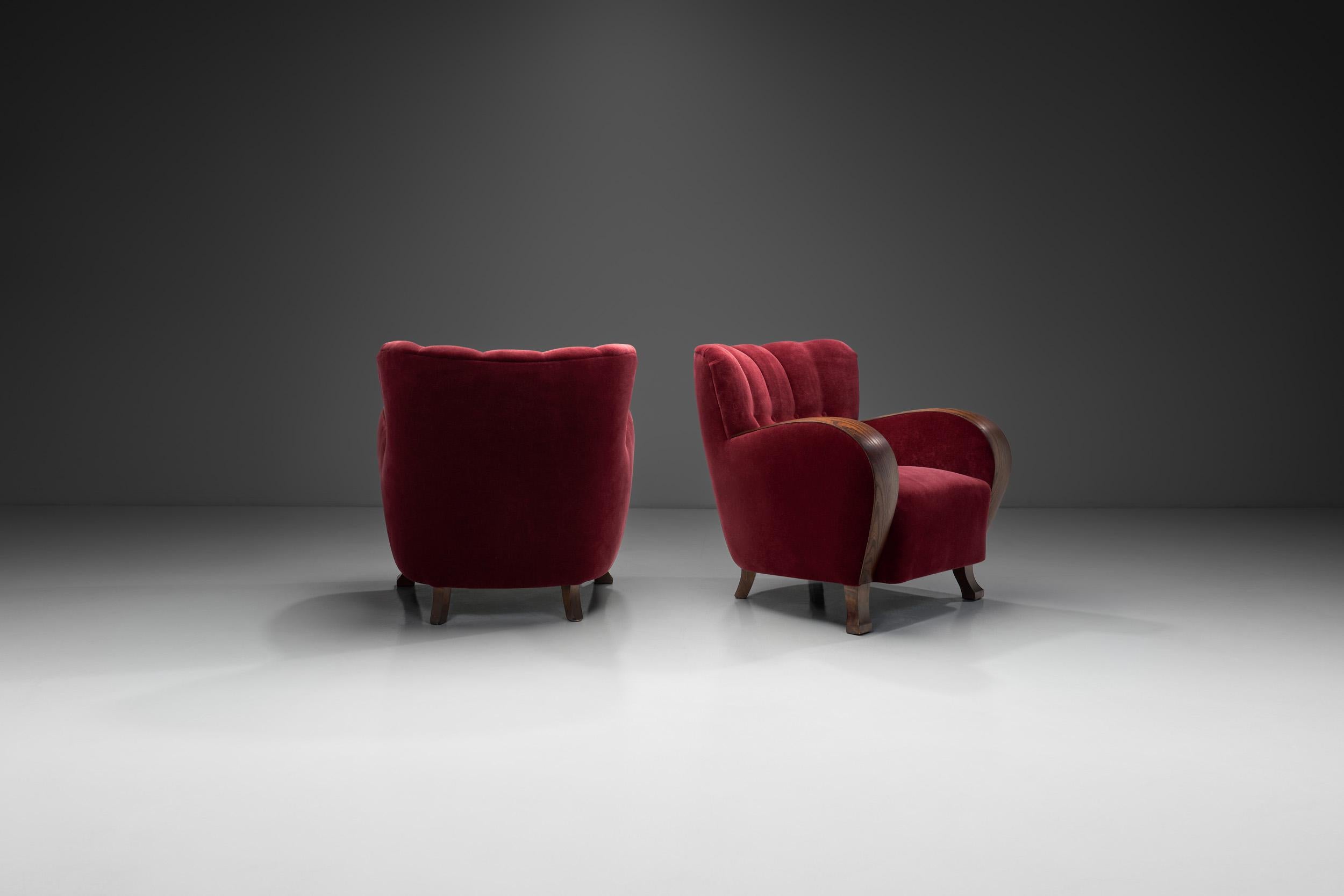 European A Pair of Red Mohair Armchairs, Europe 1930s