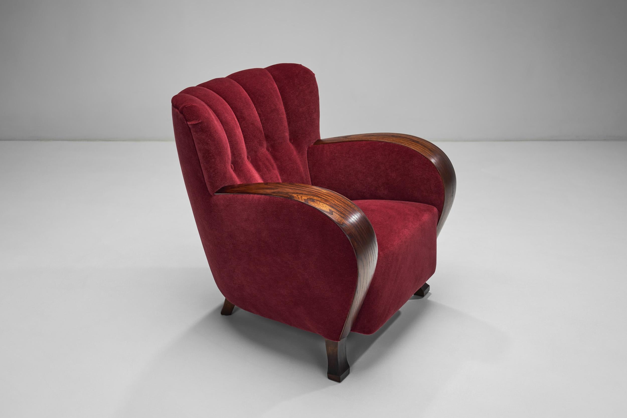 Mid-20th Century A Pair of Red Mohair Armchairs, Europe 1930s