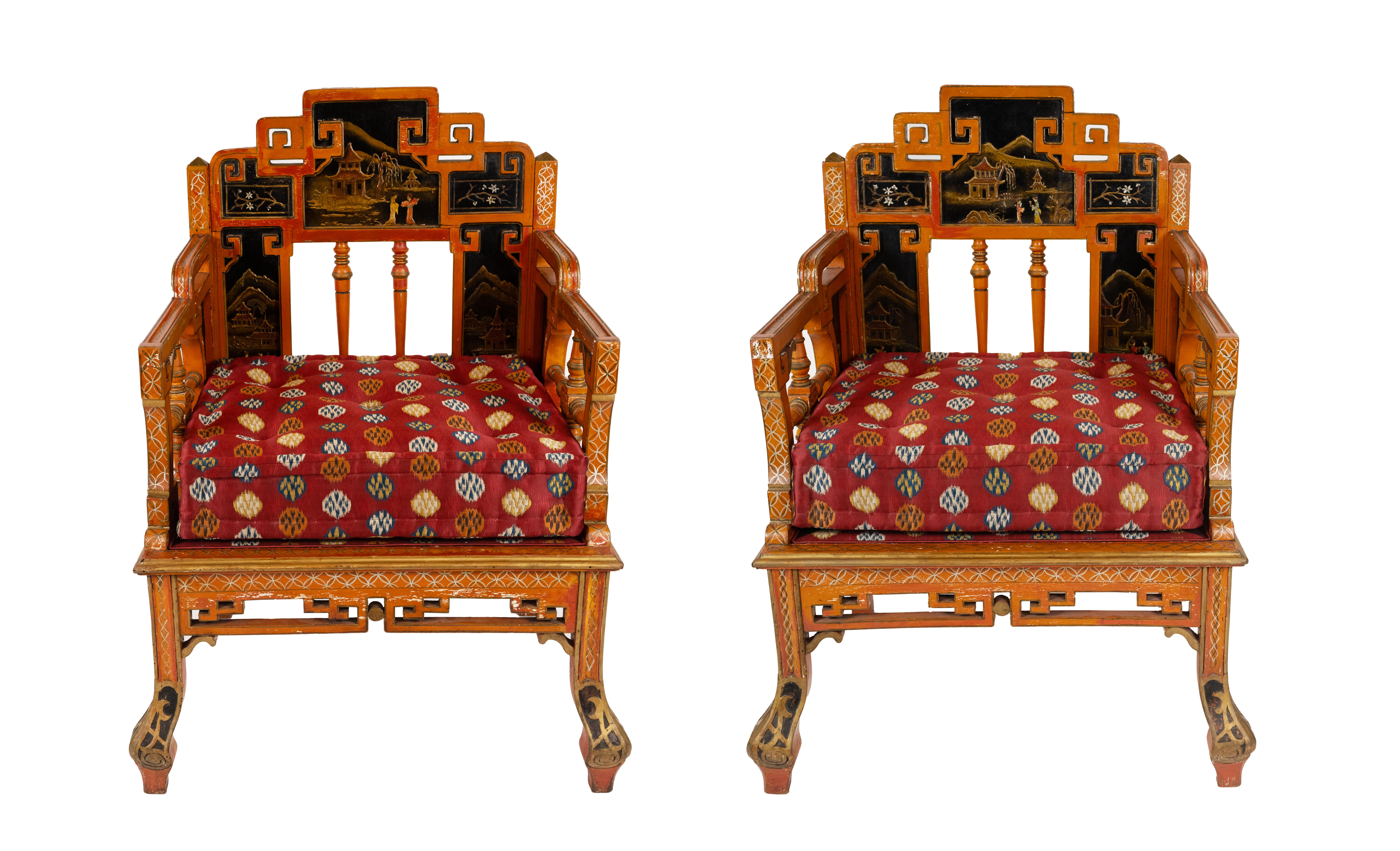 Early 20th Century A Pair of Red Painted Chinoiserie Armchairs For Sale