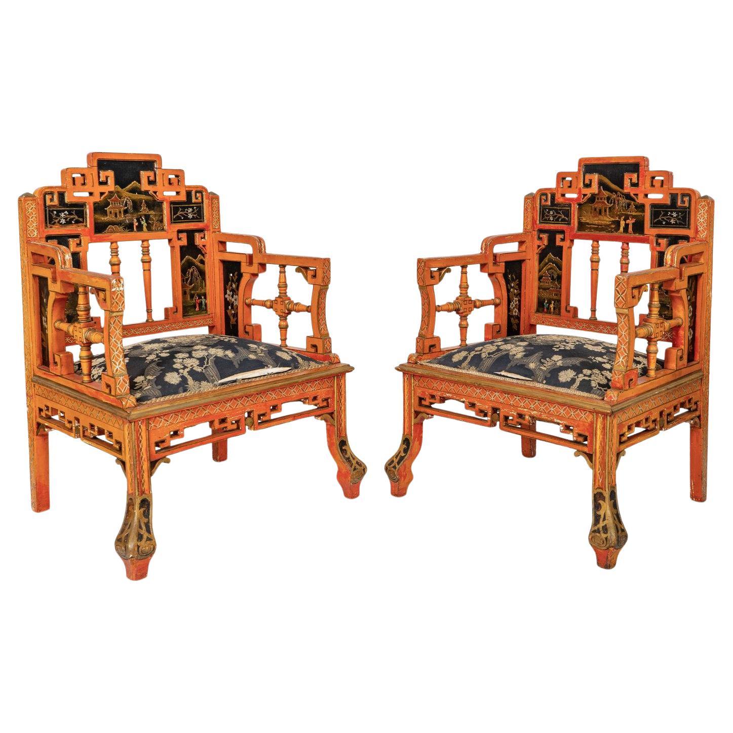 Pareja de Sillones de Chinoiserie Pintados de Rojo