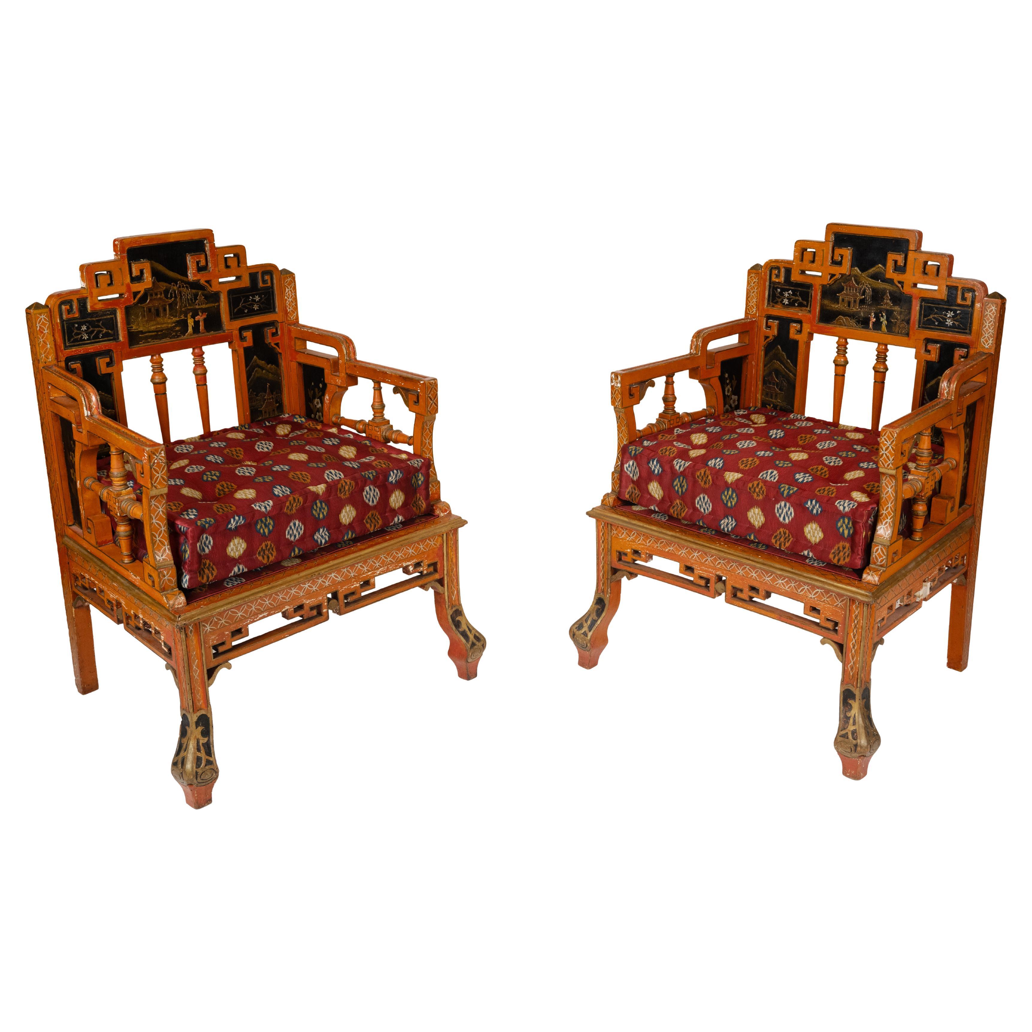 A Pair of Red Painted Chinoiserie Armchairs For Sale