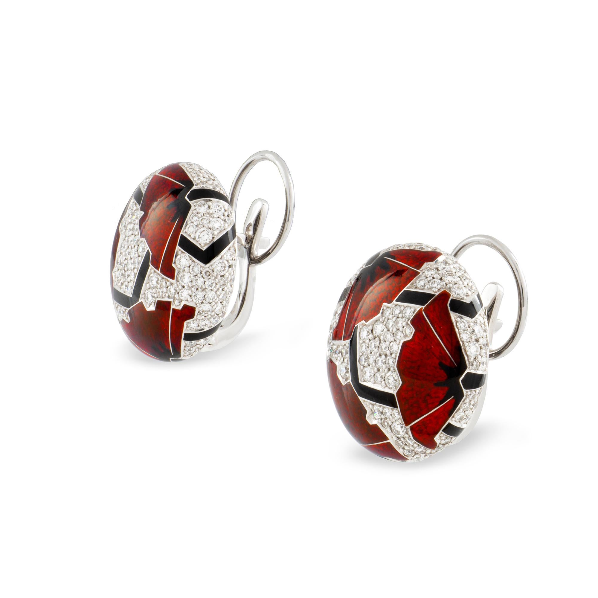 A pair of red poppies art-deco style earrings by Ilgiz F, each earring with three poppies with champlevé enamelled petals and hot enamelled peduncles, on a diamond pave-set background of round shape, the diamonds weighing 2.28 carats in total, all