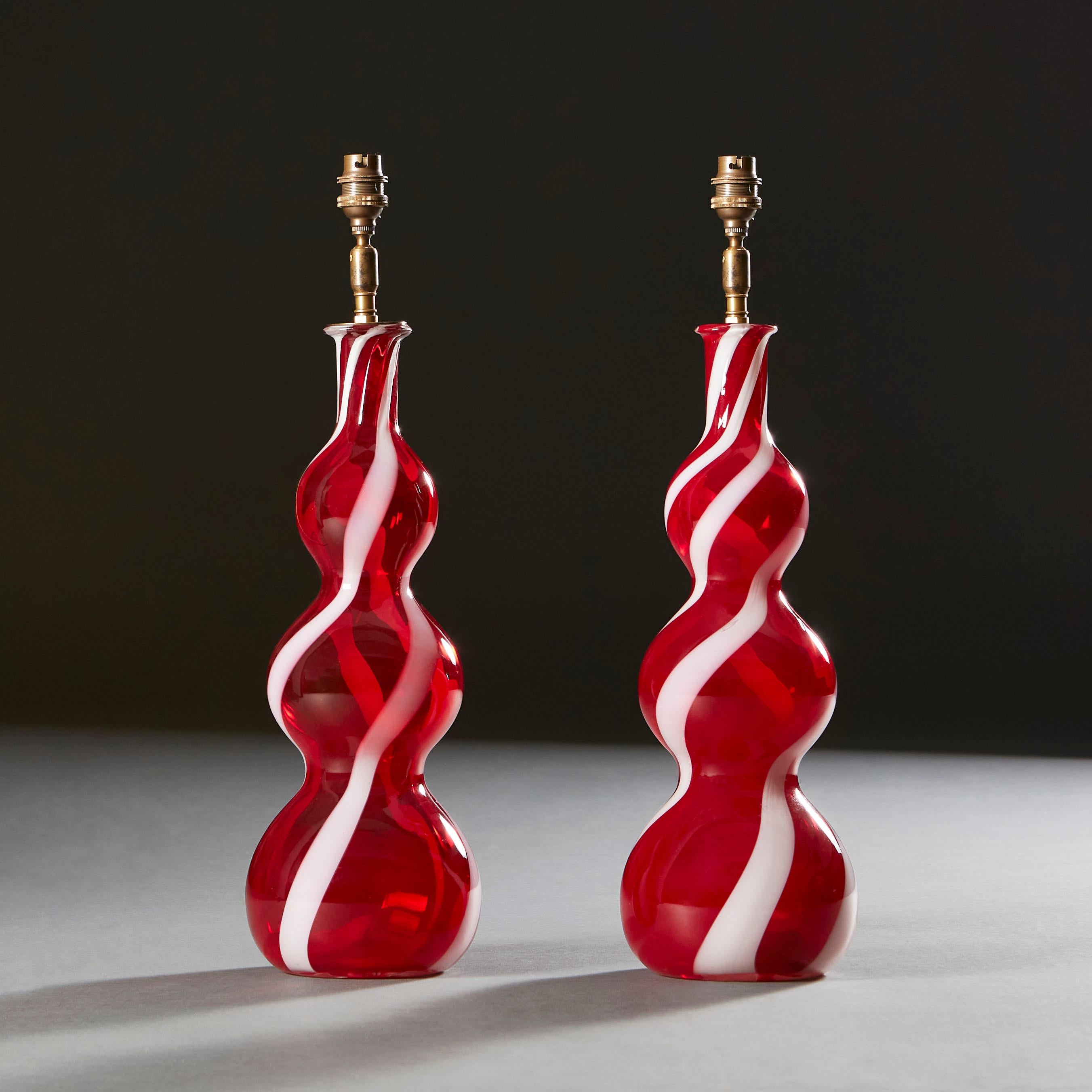Italian Pair of Red Spiral Murano Lamps