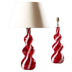 Pair of Red Spiral Murano Lamps