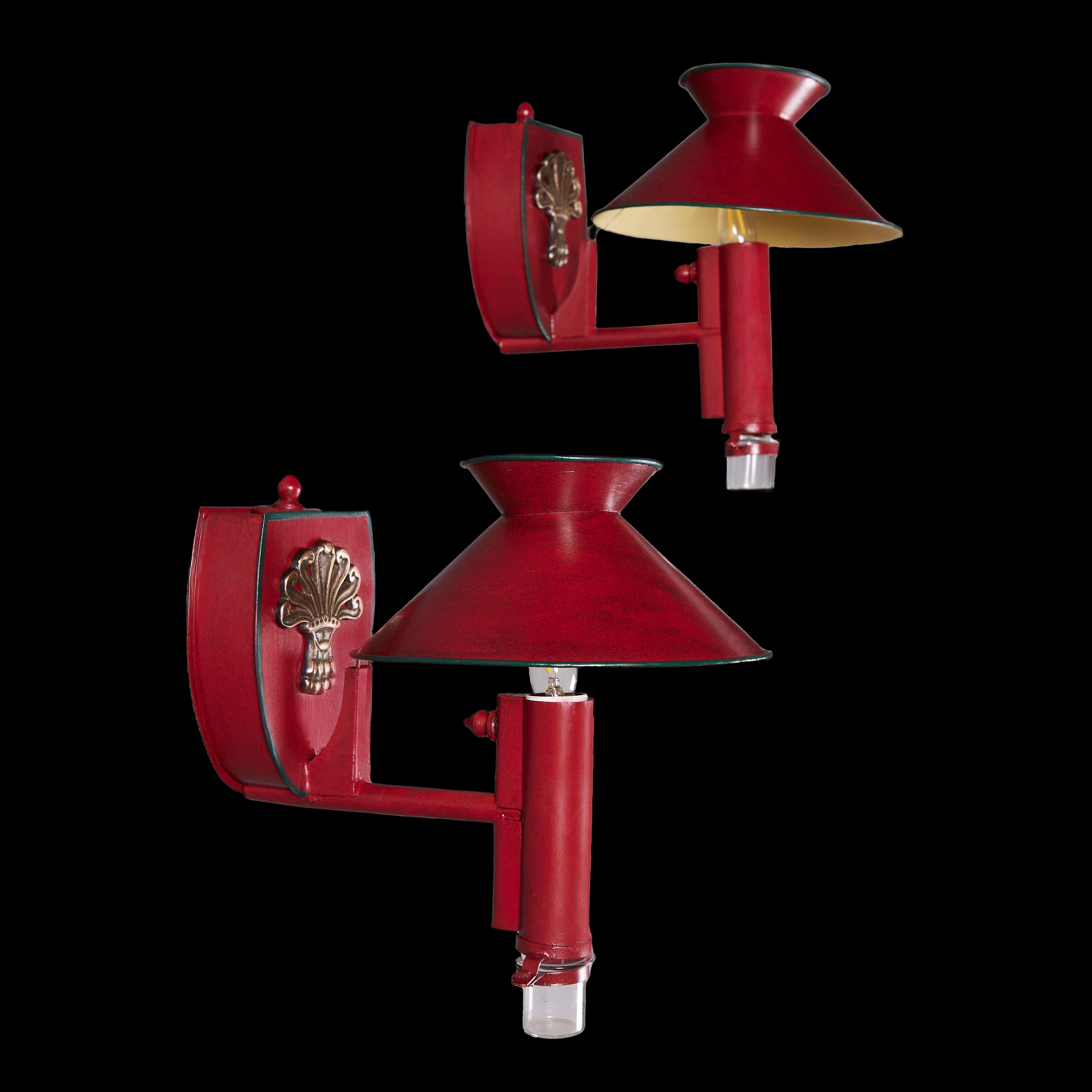 French A Pair of Red Tole Wall Lights 