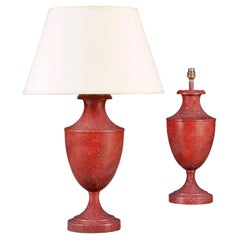 Vintage A Pair of Red Toleware Table Lamps Simulating Porphyry