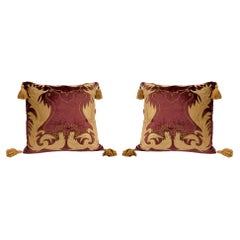 Pair of Red Velvet Cushions with Embroidery, Italian Design by Rubelli