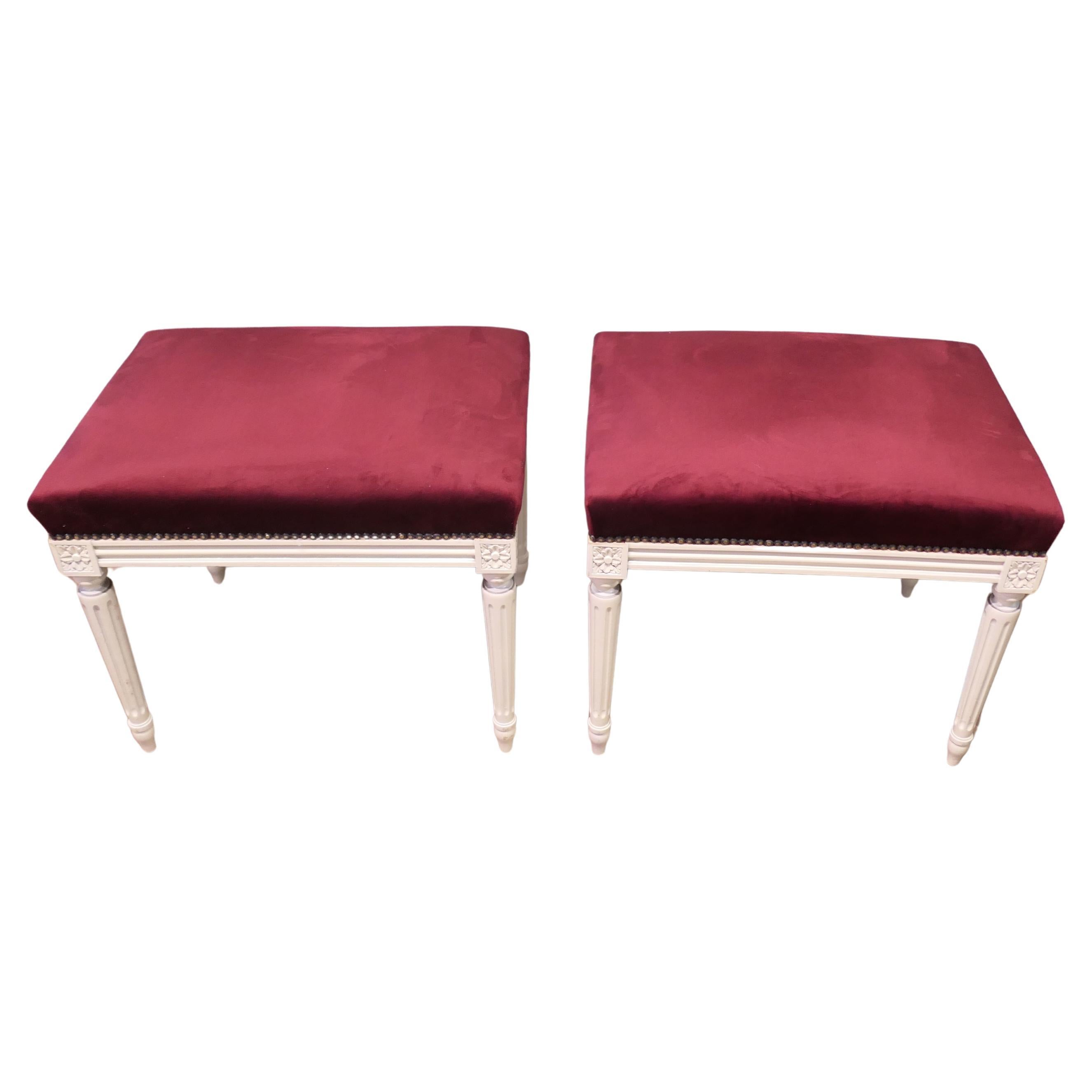 A Pair of Red Velvet Library or Window Stools  A Lovely pair For Sale