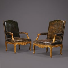 Regence Style Giltwood Fauteuils, Leather Upholstery, France, 1890