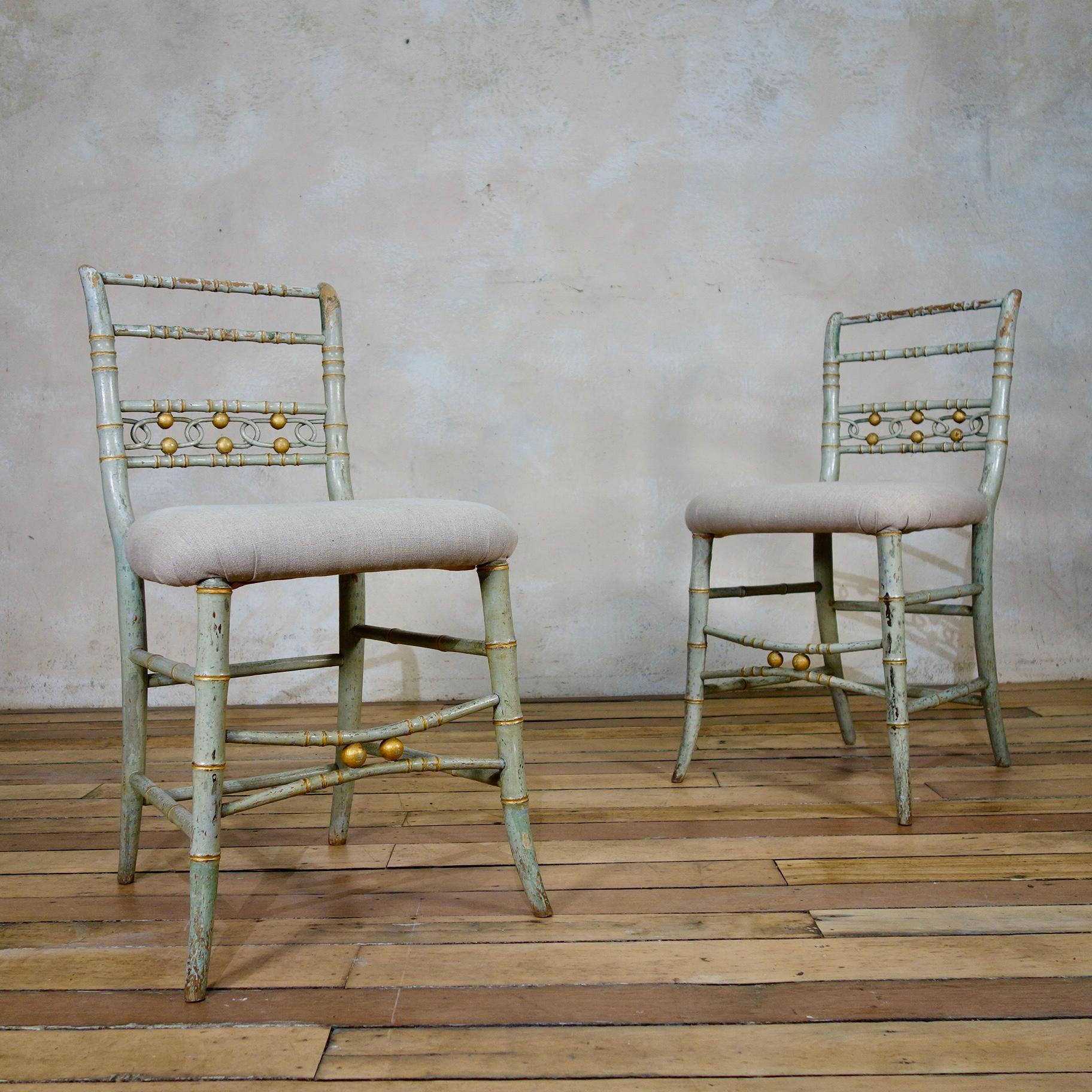 Pair of Regency 19th Century Faux Bamboo Original Painted Side Chairs 8