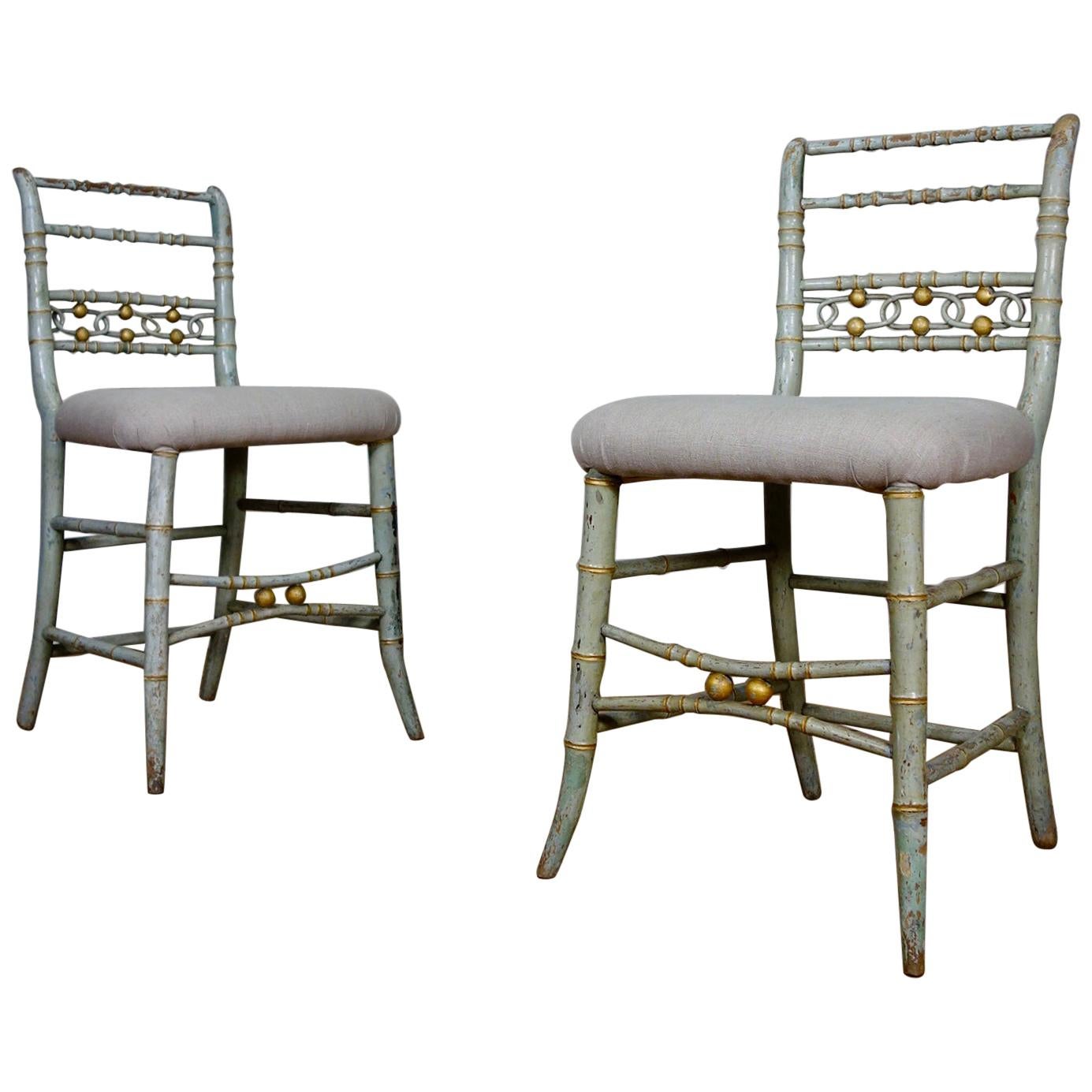 Pair of Regency 19th Century Faux Bamboo Original Painted Side Chairs