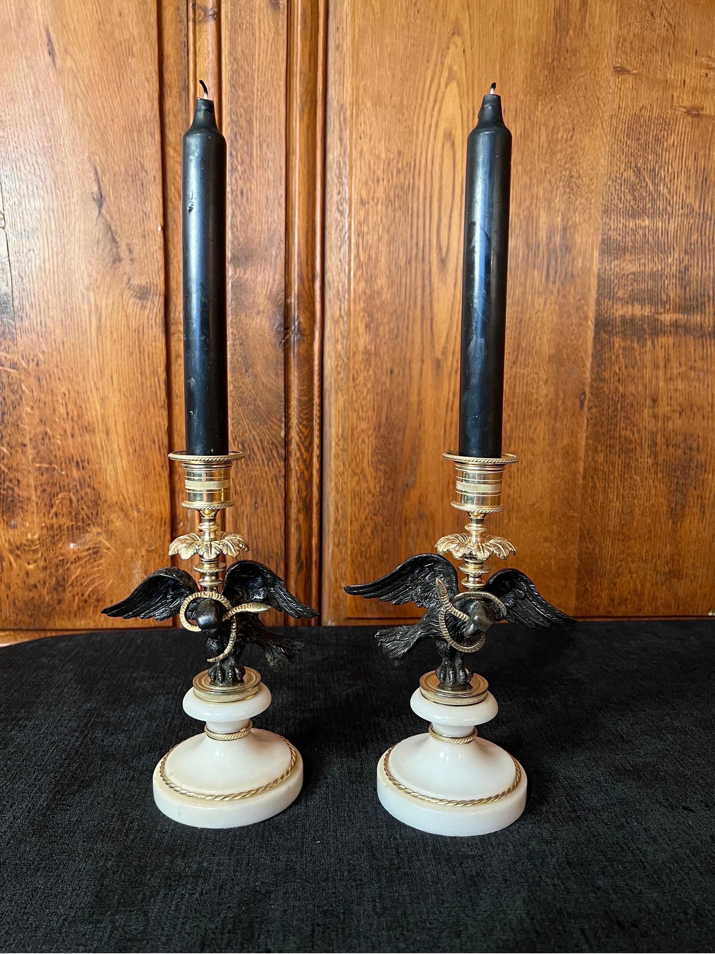 A Pair of Regency Bronze, Gilt-bronze & Marble Candle sticks.  For Sale 7