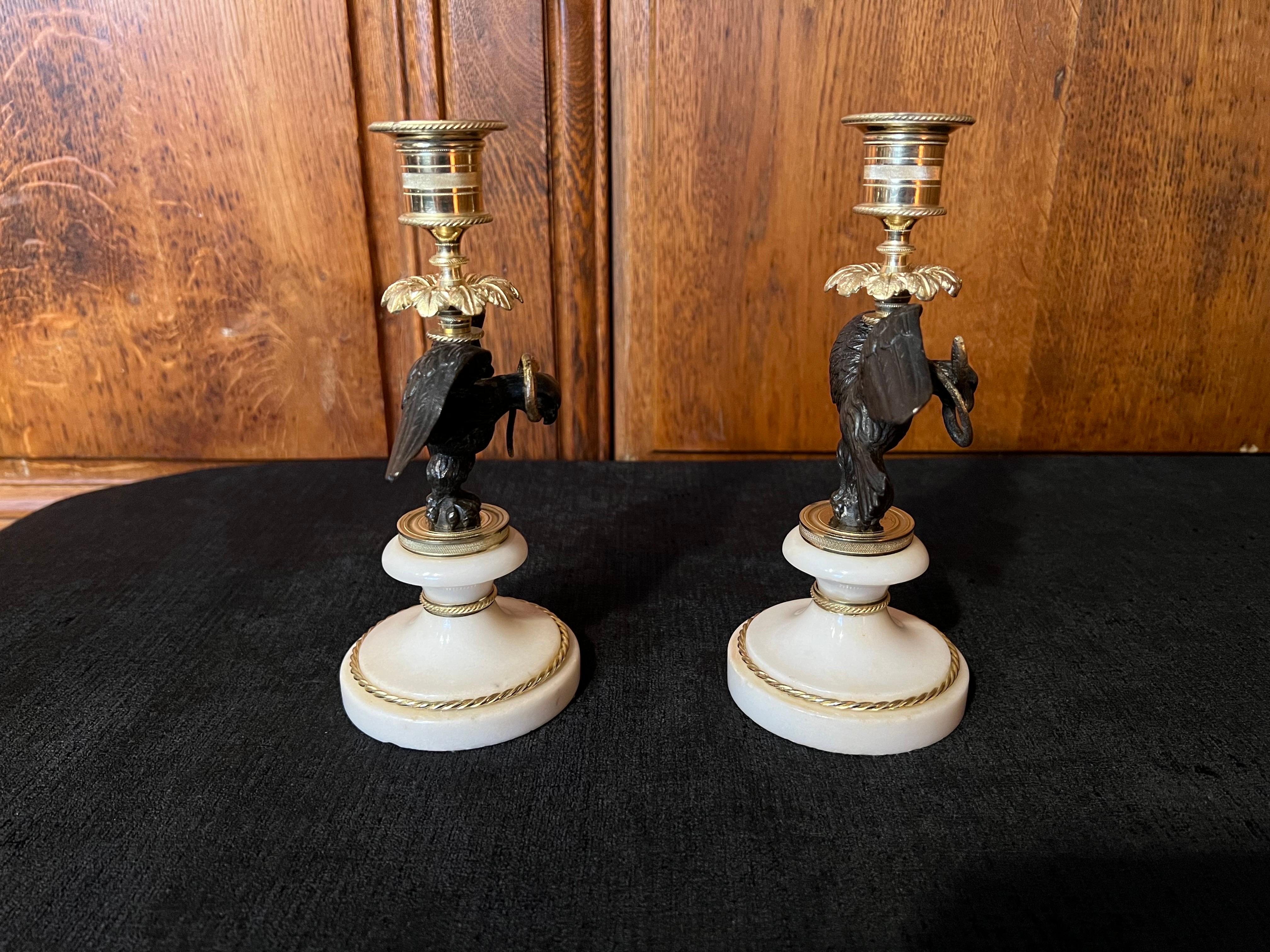 A Pair of Regency Bronze, Gilt-bronze & Marble Candle sticks.  In Good Condition For Sale In New York, NY