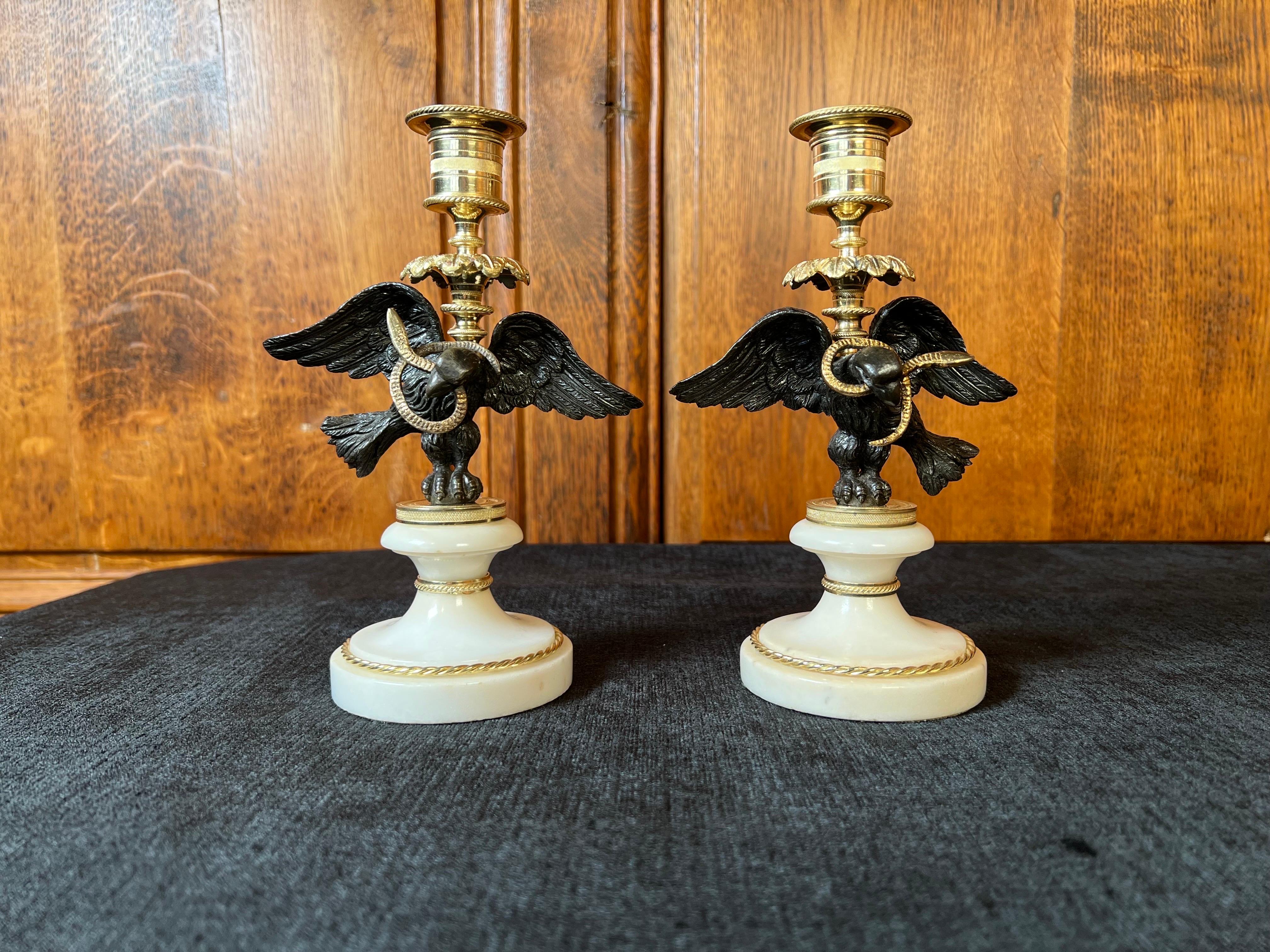19th Century A Pair of Regency Bronze, Gilt-bronze & Marble Candle sticks.  For Sale