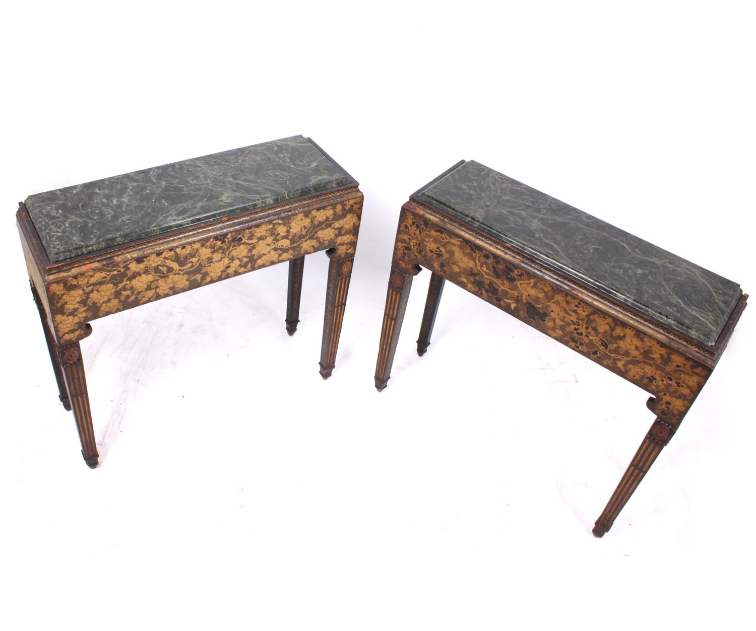 A pair of Regency chinoiserie side tables, circa 1820
This pair of green marble topped side table were produced in England circa 1820s and then finely lacquered and gold lined chinoiserie applied. They have had later restorations and repaired