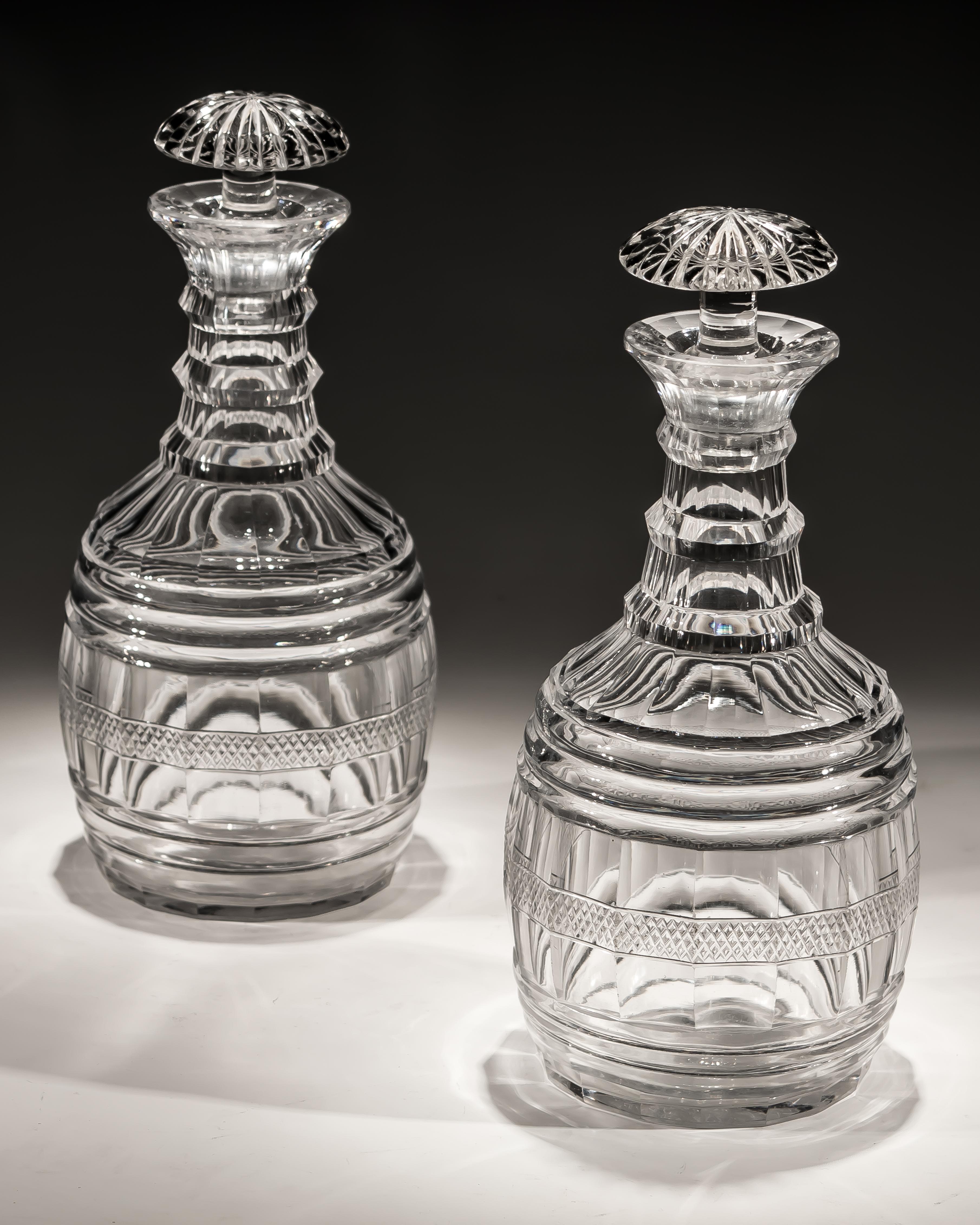Pair of Regency Cut Glass Barrel Decanters In Good Condition For Sale In Steyning, West sussex