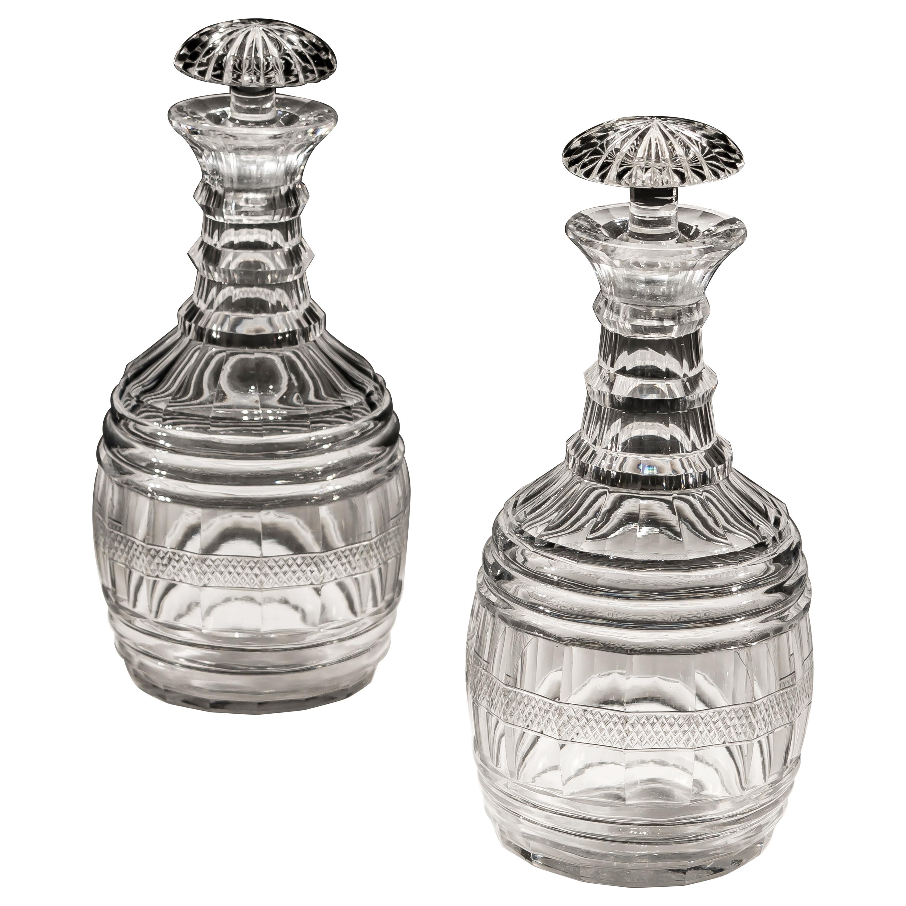 Pair of Regency Cut Glass Barrel Decanters For Sale