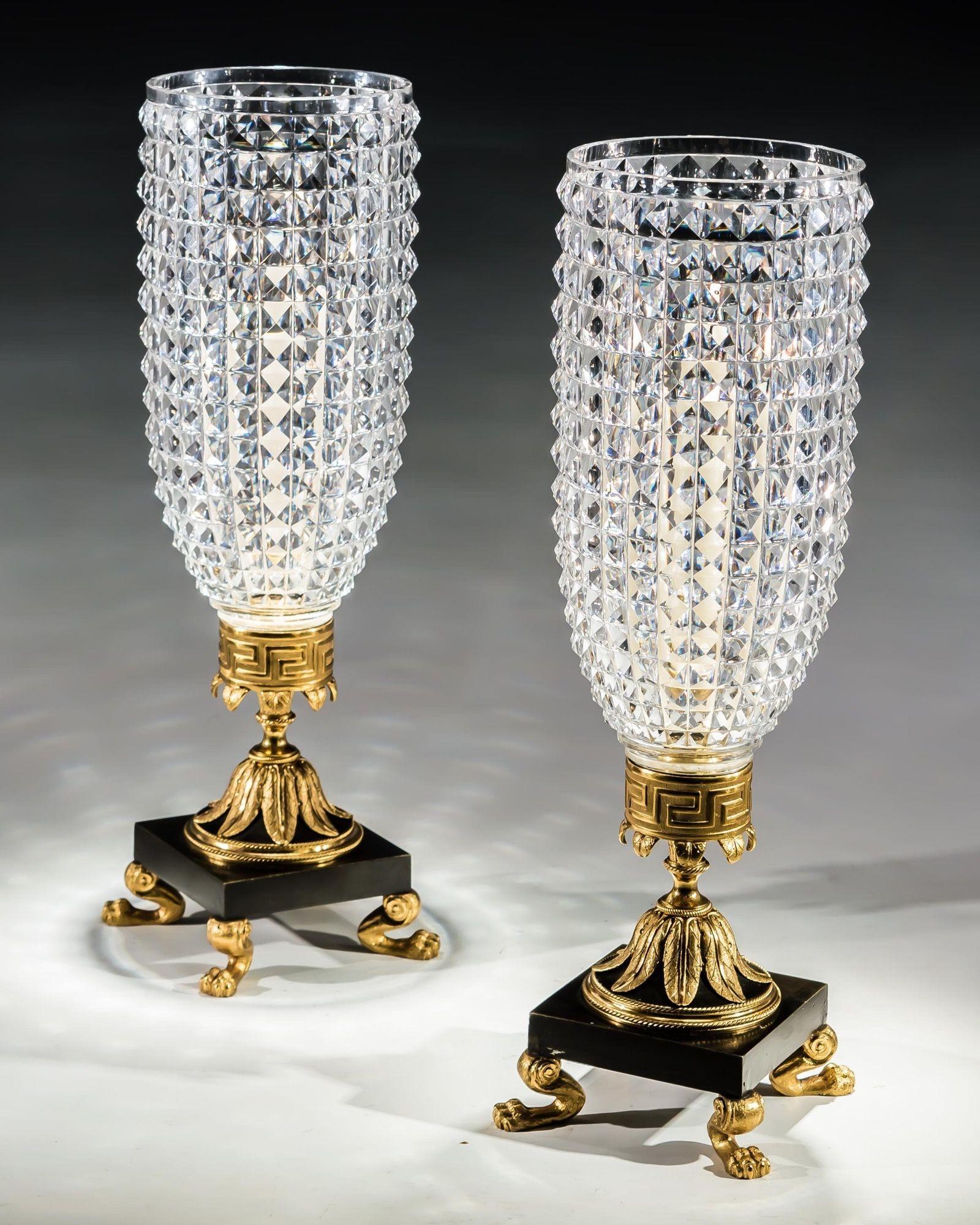 A Pair Of regency Cut Glass Storm Shades On Ormolu & Bronze Bases  In Good Condition For Sale In Steyning, West sussex