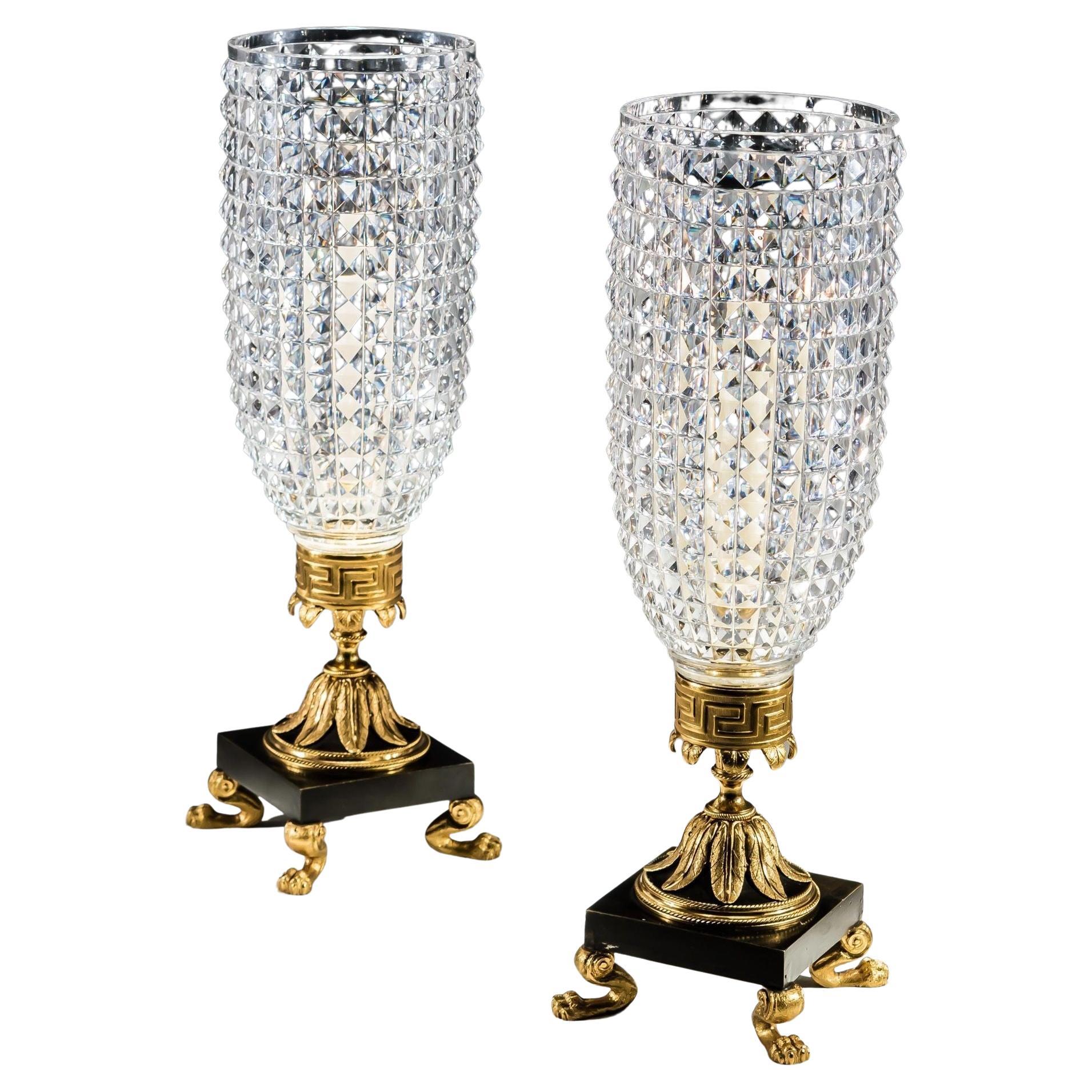 A Pair Of regency Cut Glass Storm Shades On Ormolu & Bronze Bases 