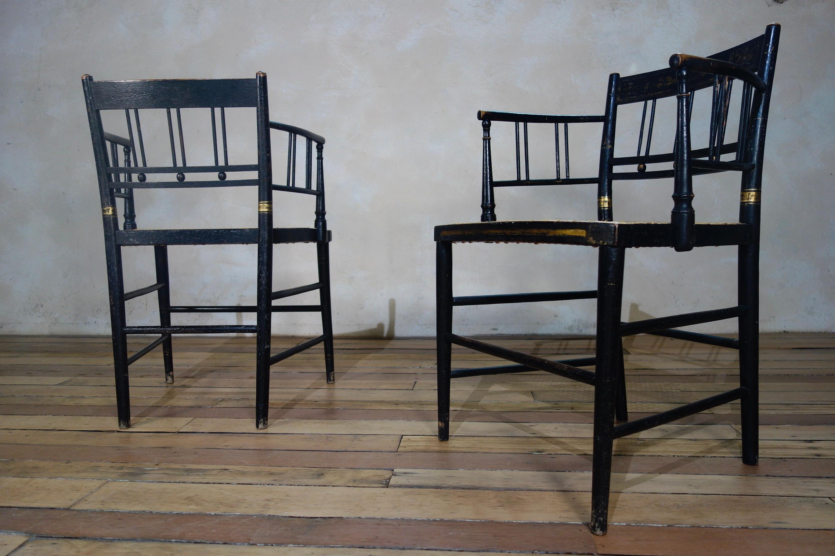 A Pair of Regency 19th Century Ebonized Gilded Open Armchairs - Chair, Caned 5