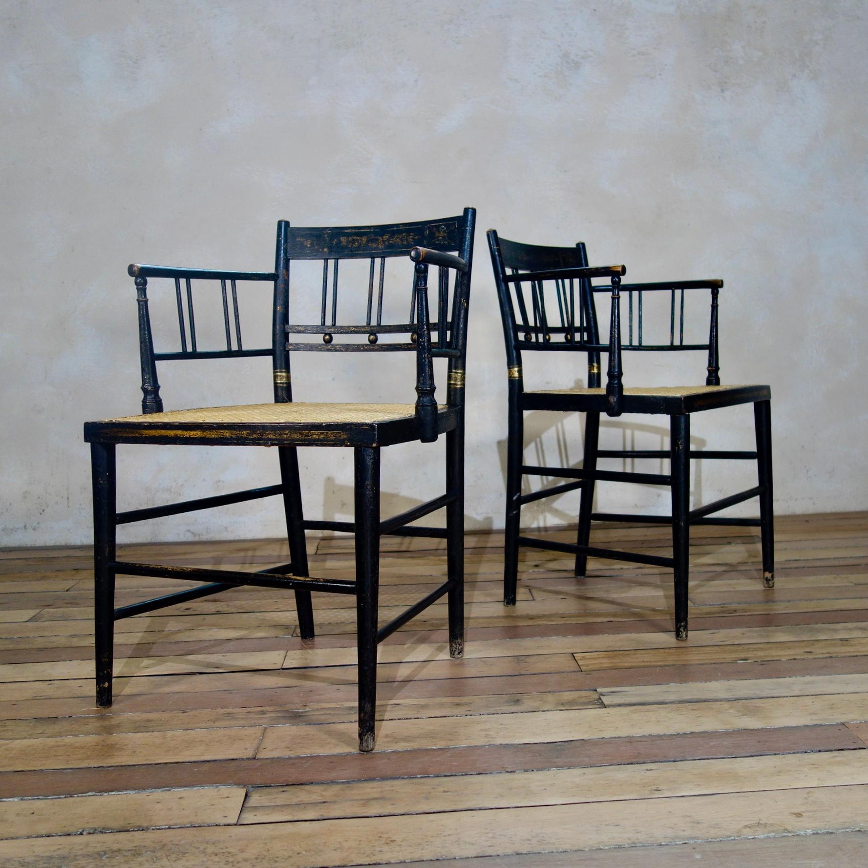 A Pair of Regency 19th Century Ebonized Gilded Open Armchairs - Chair, Caned 8