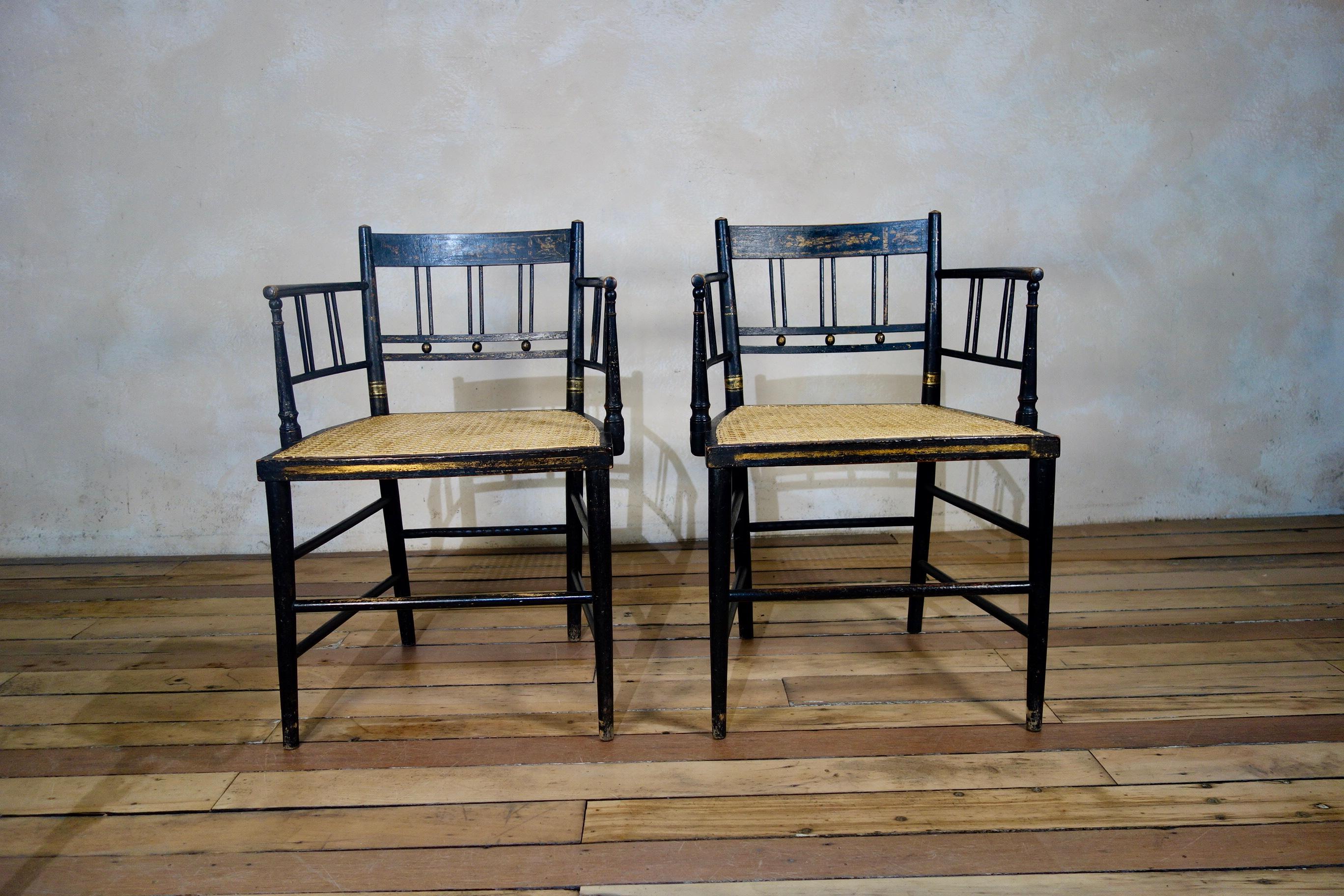 A Pair of Regency 19th Century Ebonized Gilded Open Armchairs - Chair, Caned 1