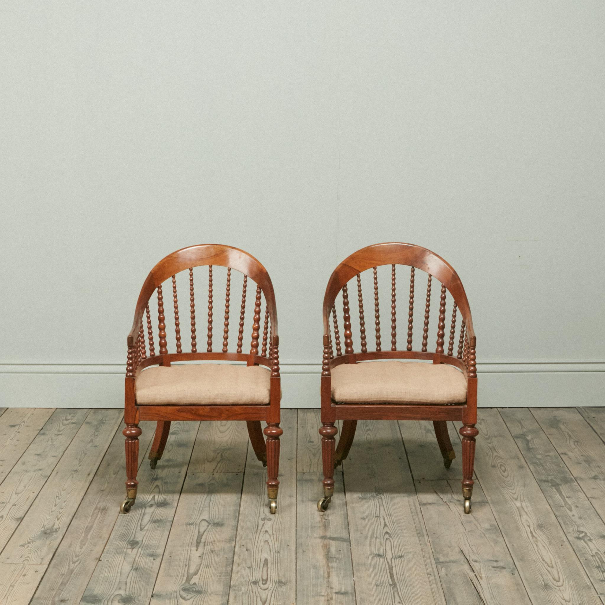 Hand-Carved Pair of Regency Faded Rosewood Library Armchairs