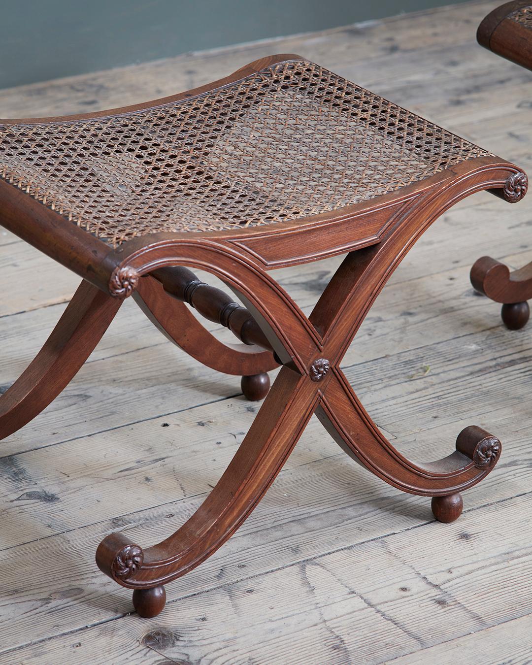 Caning A Pair of Regency Mahogany and Caned ‘X’ Framed Stools