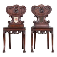 Antique Pair of Regency Mahogany Armorial Hall Chairs, with Unusual Carved Squirrels