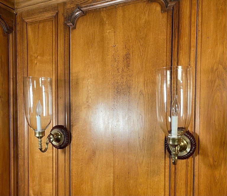 British Pair of Regency Mahogany Wall Lights with Hurricane Shades For Sale