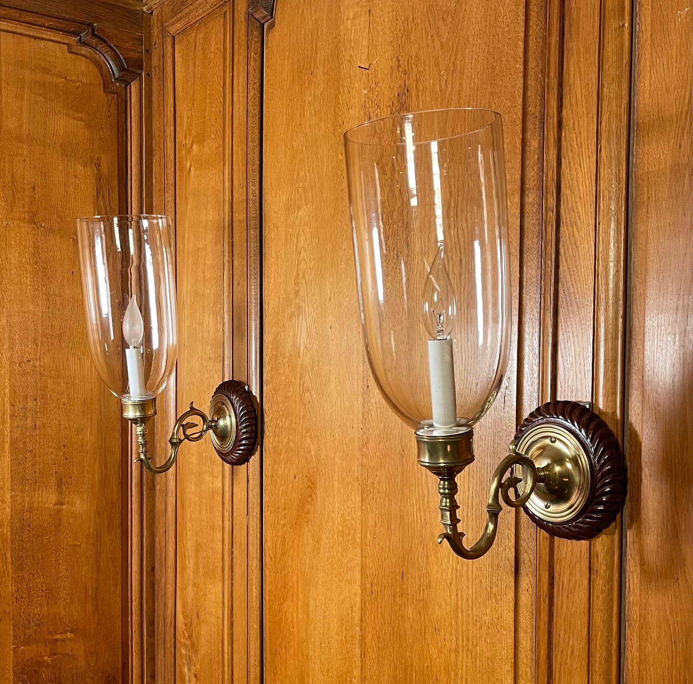 Pair of Regency Mahogany Wall Lights with Hurricane Shades In Good Condition In New York, NY