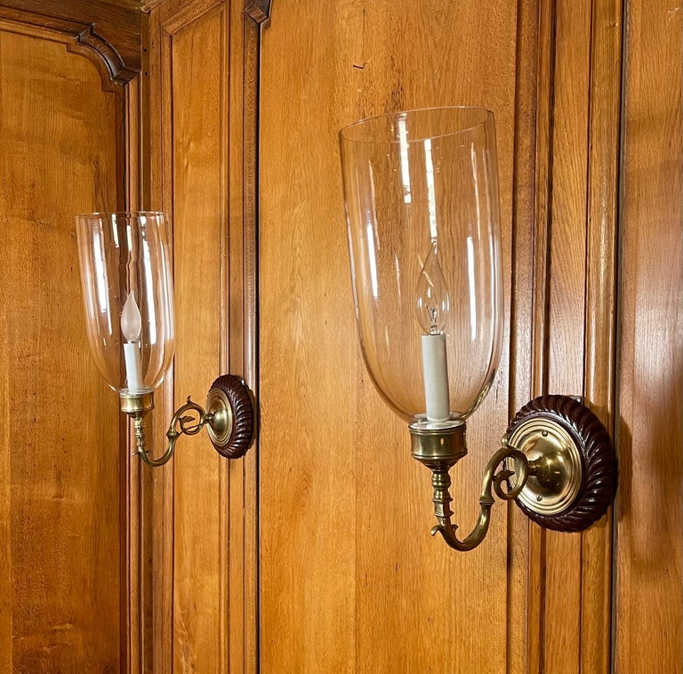Pair of Regency Mahogany Wall Lights with Hurricane Shades In Good Condition For Sale In New York, NY