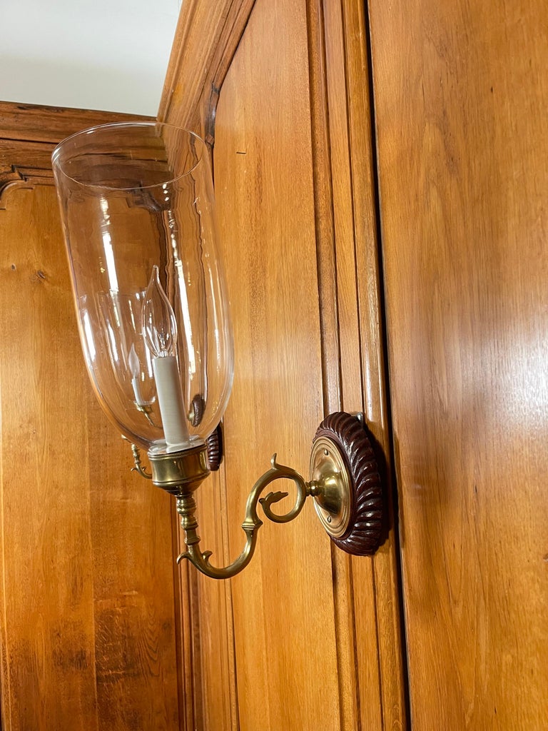 Brass Pair of Regency Mahogany Wall Lights with Hurricane Shades For Sale