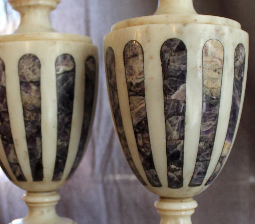 Classical Roman Pair of Regency Marble and Blue John Classical Urns circa 1820