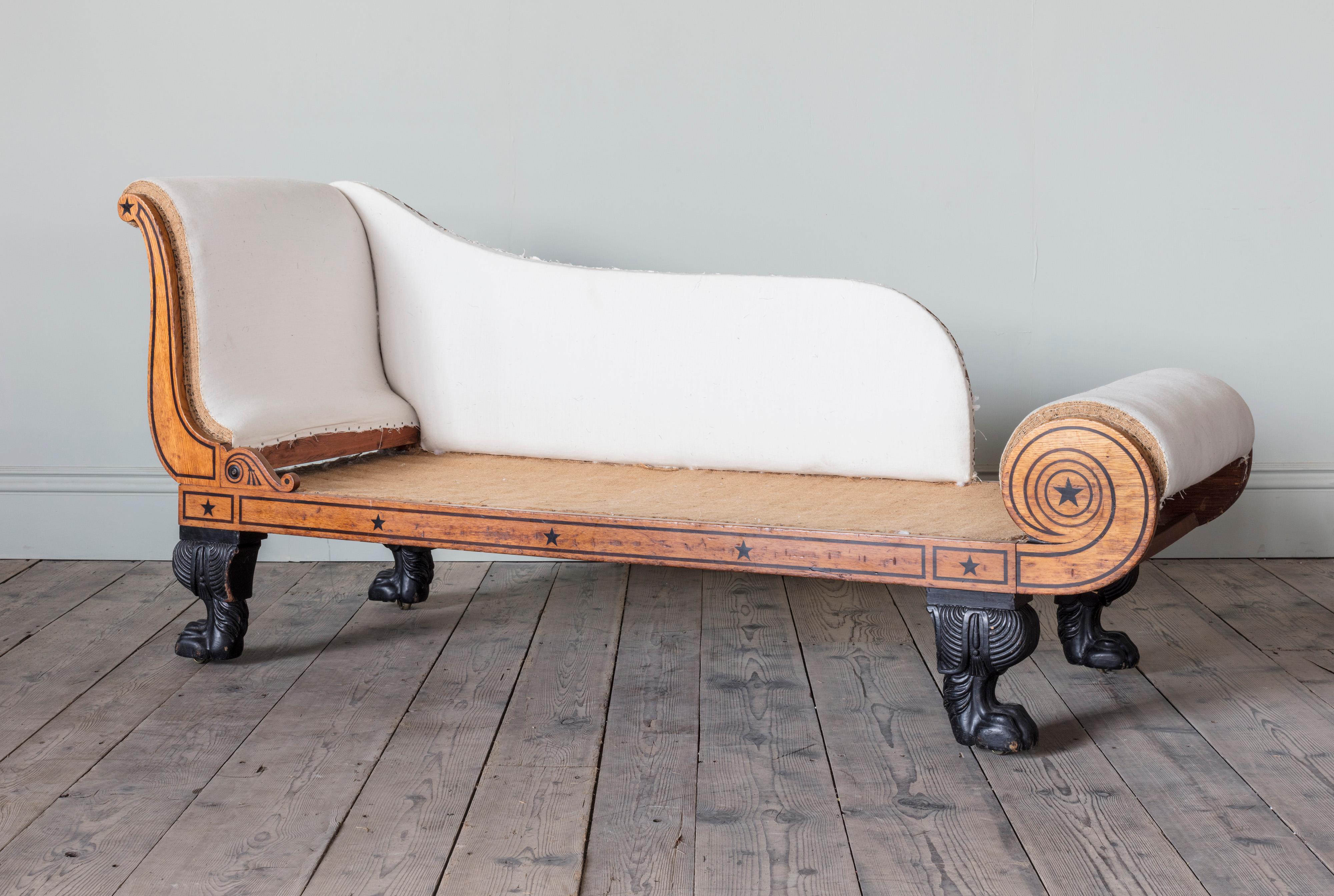 British Pair of Regency Oak and Ebony Strung Daybeds