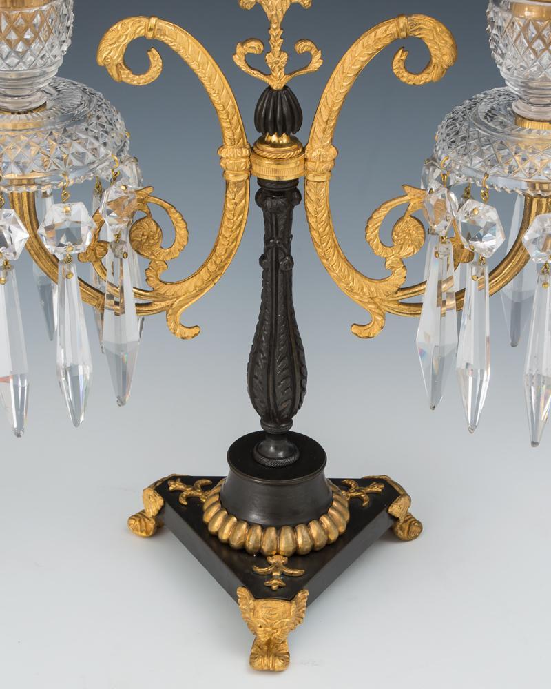 Pair of Regency Ormolu and Bronze Cut Glass Candelabra In Good Condition For Sale In Steyning, West sussex