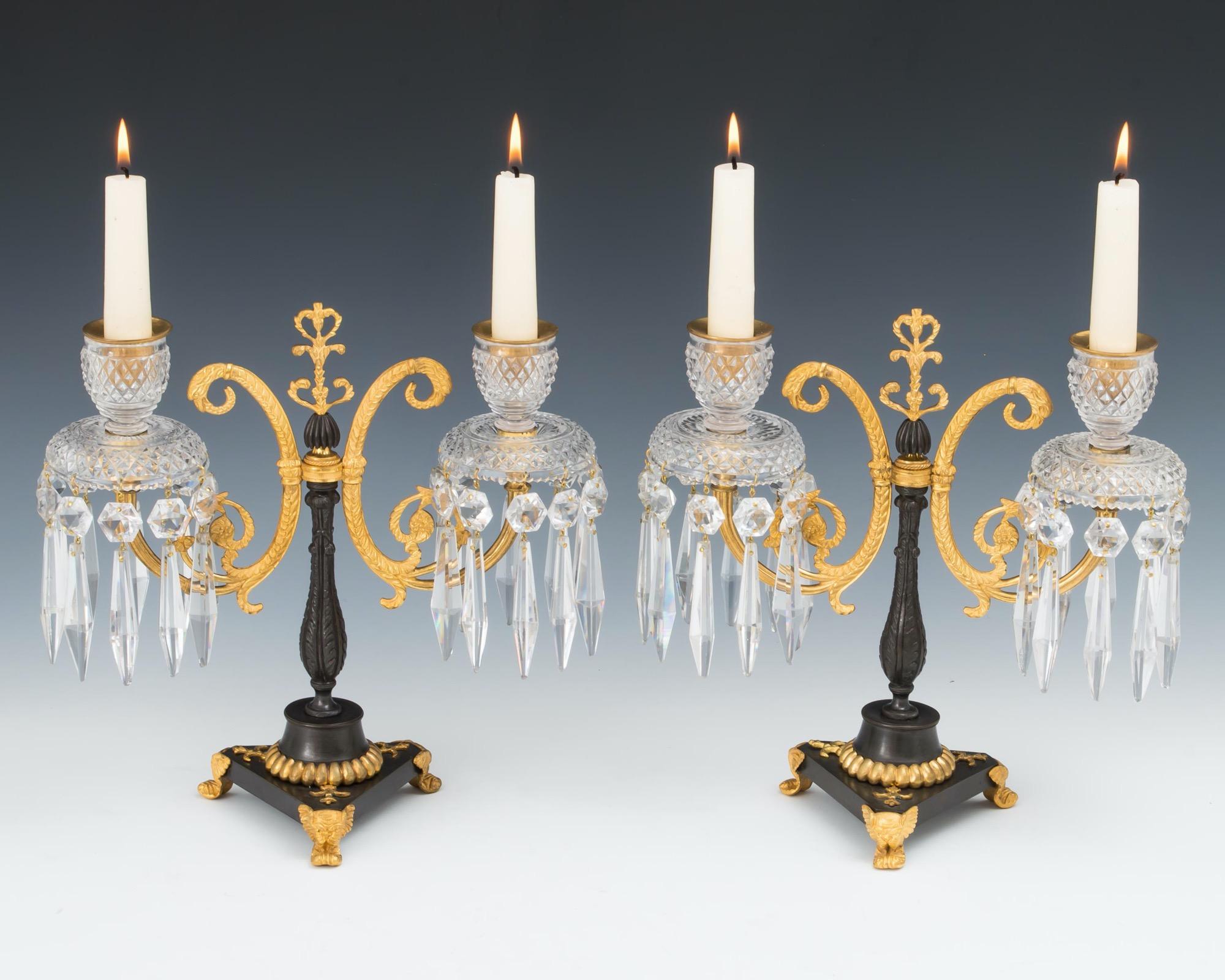 Early 19th Century Pair of Regency Ormolu and Bronze Cut Glass Candelabra For Sale