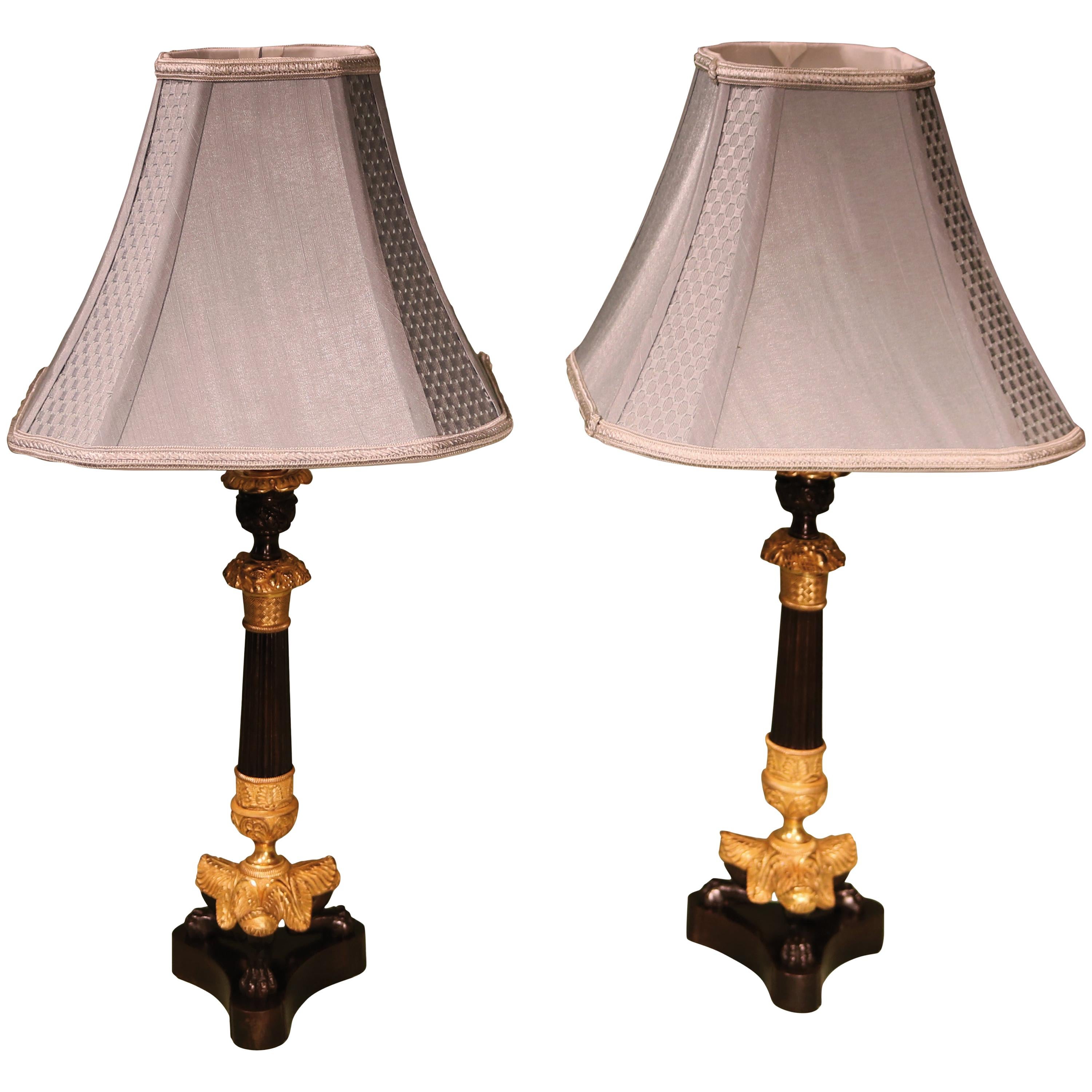 Pair of Regency Period Bronze and Ormolu Candlesticks Converted to Lamps For Sale